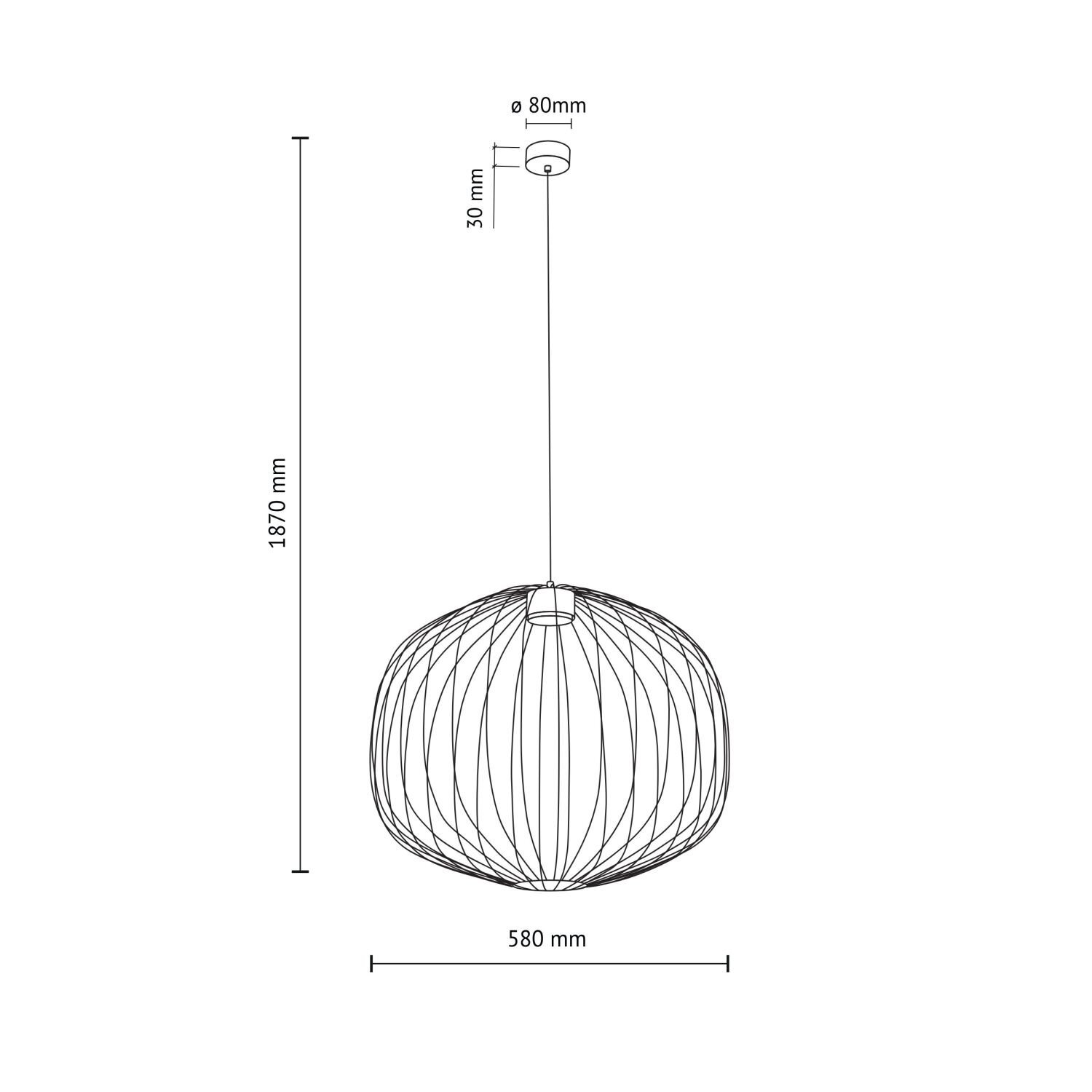 Schematyczny rysunek lampy wiszącej z wymiarami: wysokość całkowita 1870 mm, średnica klosza 580 mm, średnica mocowania 80 mm, wysokość mocowania 30 mm.