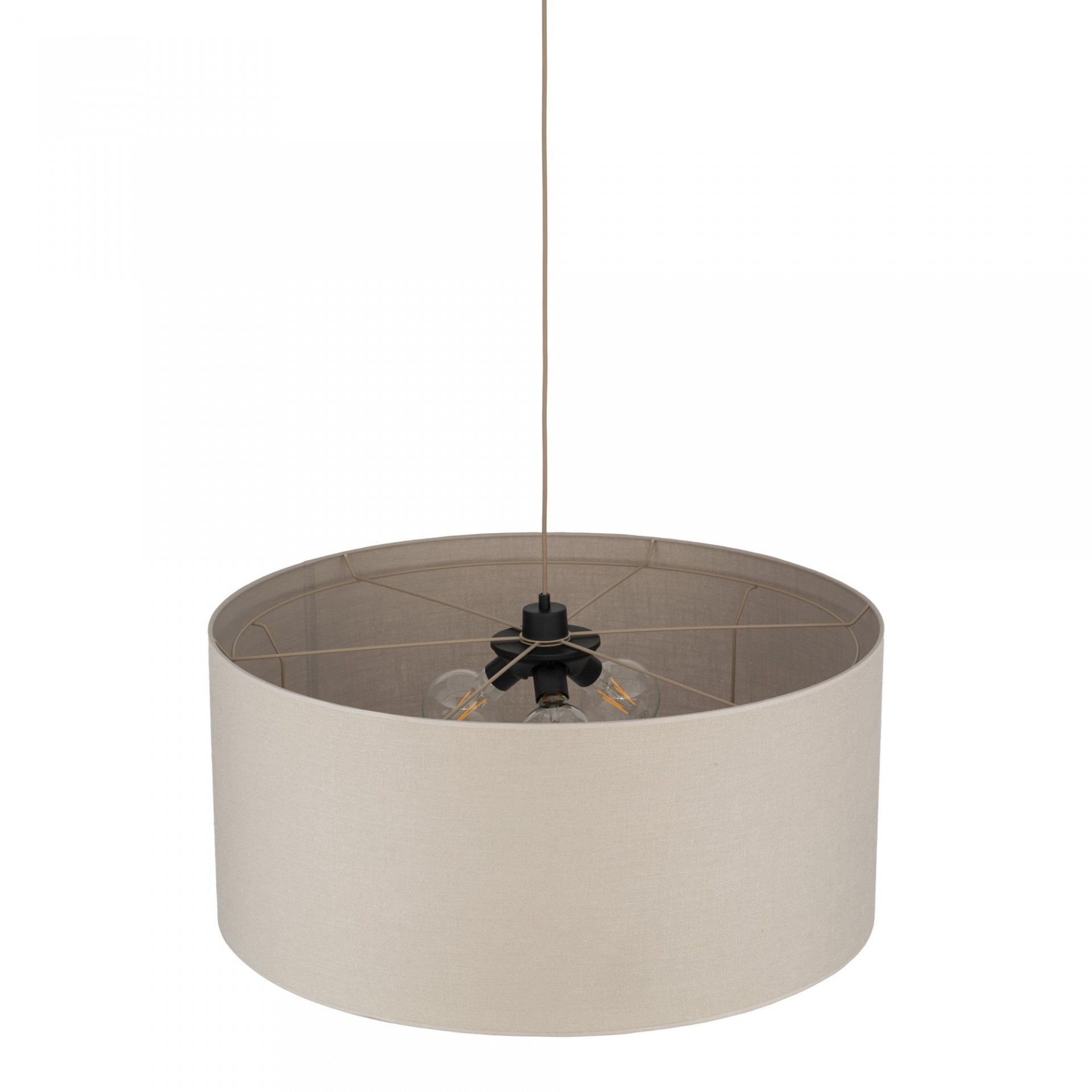 Lampa wisząca z lnianym kloszem w kształcie walca, zawieszona na cienkim przewodzie. Wewnątrz klosza widoczne są żarówki zamocowane na czarnym uchwycie.