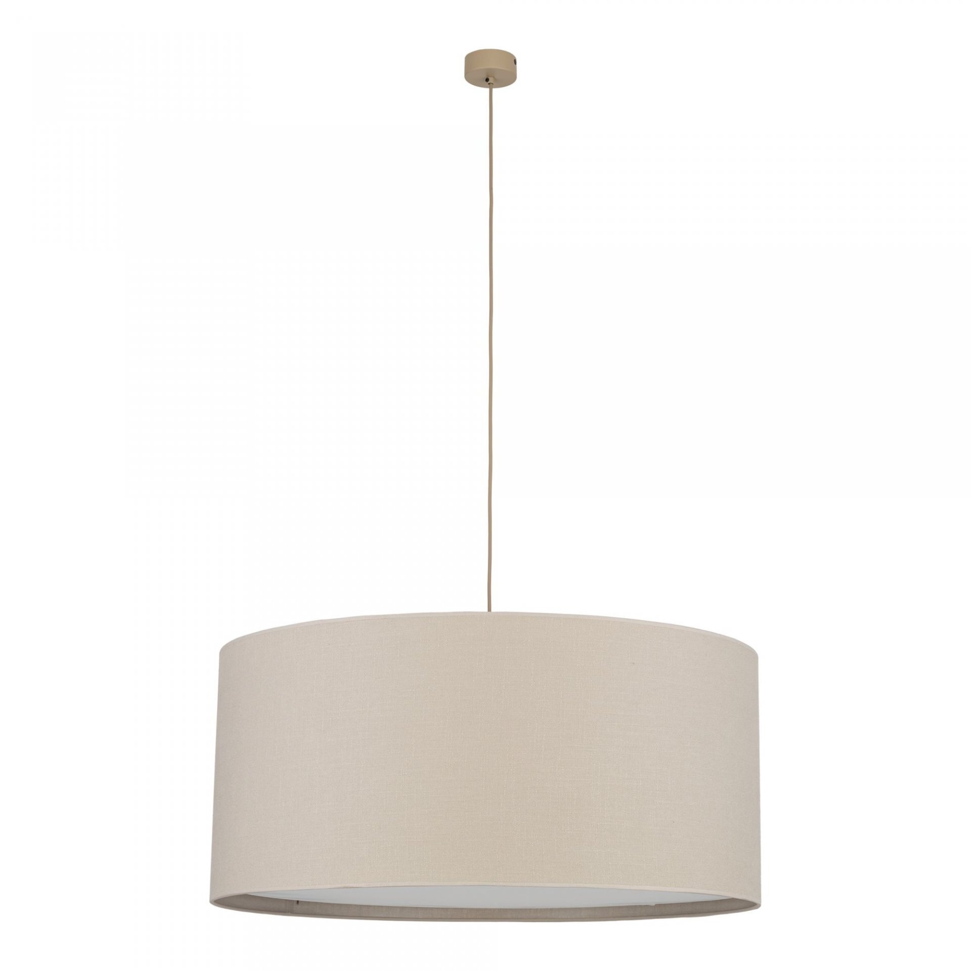 Lampa wisząca z beżowym, lnianym kloszem o cylindrycznym kształcie, zawieszona na cienkim przewodzie z małym mocowaniem sufitowym.
