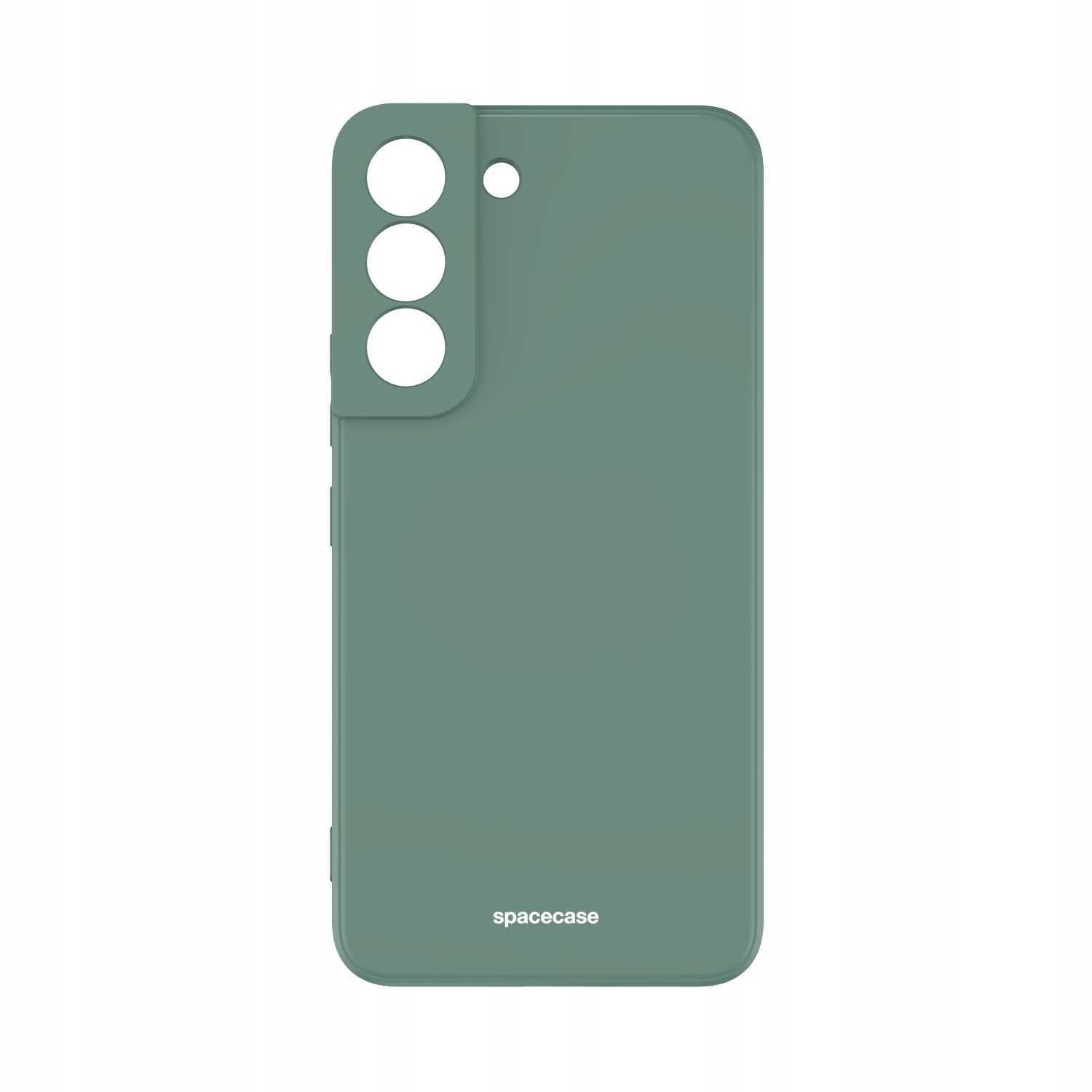 Zielone silikonowe etui z trzema okrągłymi otworami na aparat i napisem \'spacecase\' na dole.