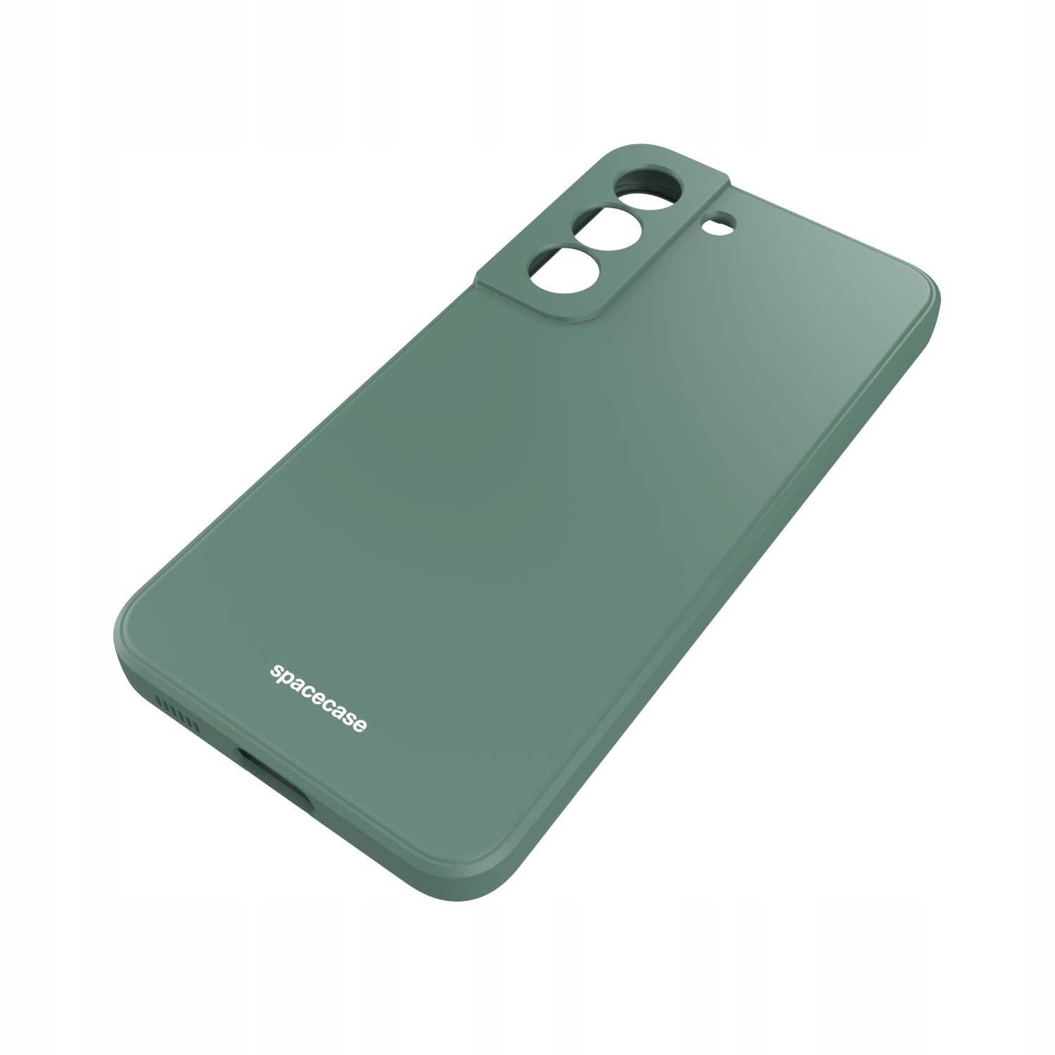 Zielone silikonowe etui z wycięciami na aparat i logo \'spacecase\' na dole.