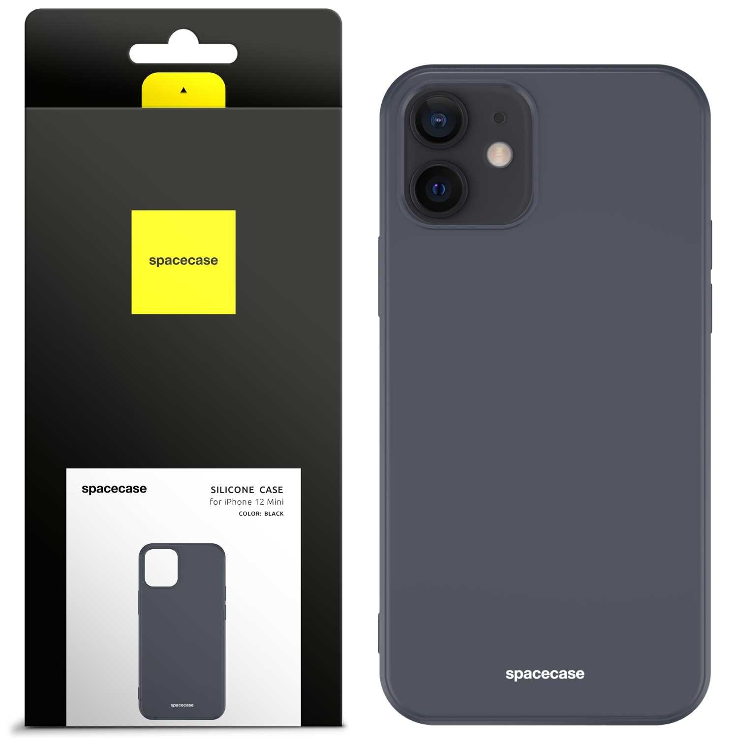 Obraz przedstawia czarne silikonowe etui na iPhone 12 Mini oraz jego opakowanie z logo \'spacecase\'. Na opakowaniu widnieje napis: \'SILICONE CASE for iPhone 12 Mini COLOR: BLACK\'.