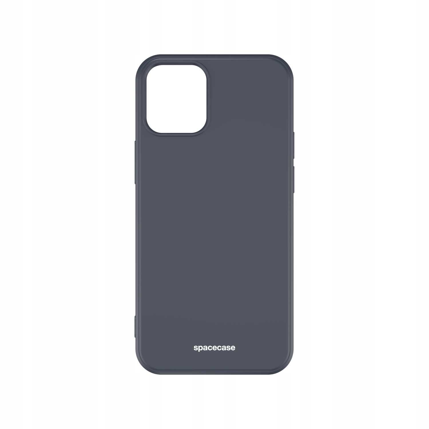 Czarne silikonowe etui na telefon z wycięciem na aparat i napisem \'spacecase\' na dole.