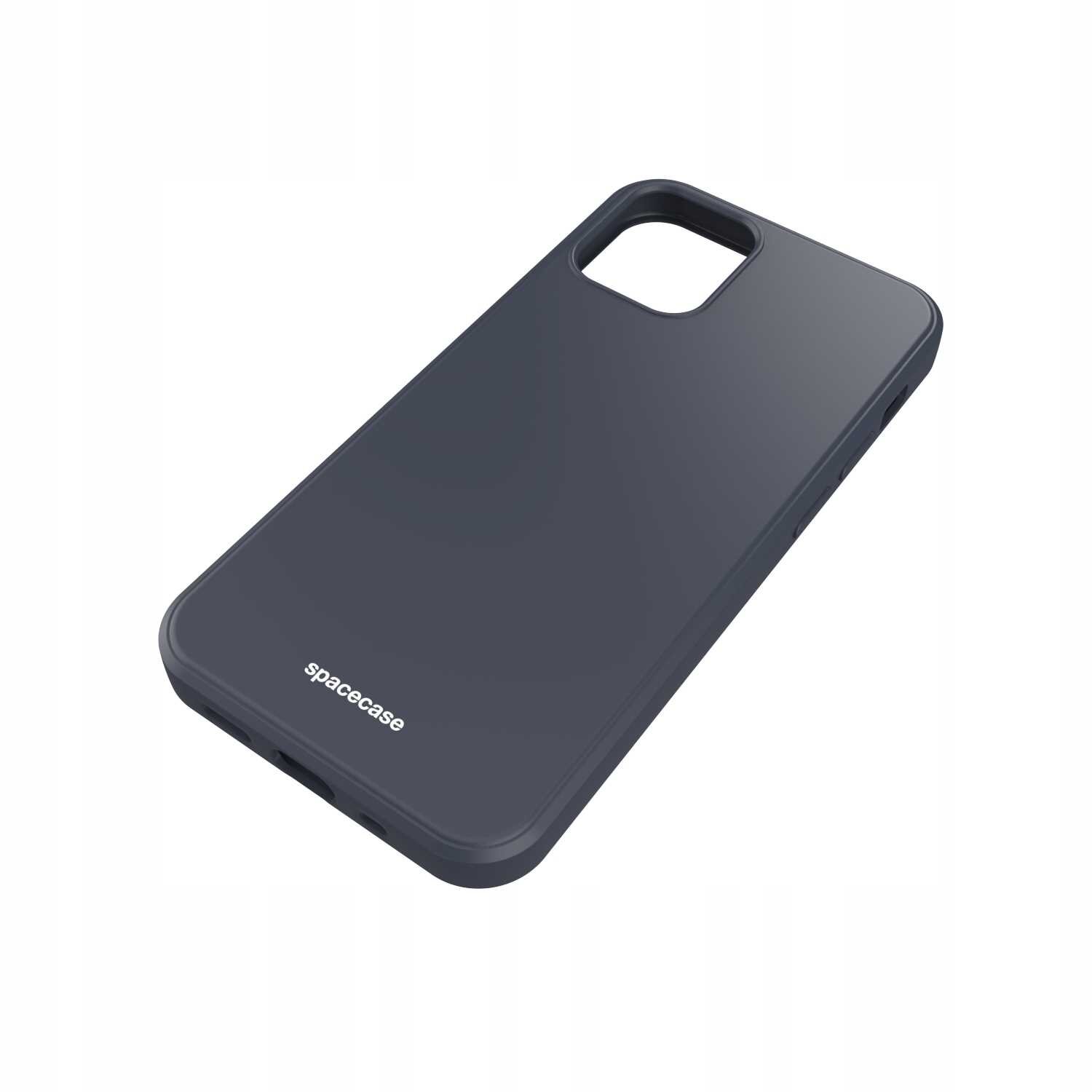 Czarne silikonowe etui na telefon z wycięciem na aparat i napisem \'spacecase\' na dole.