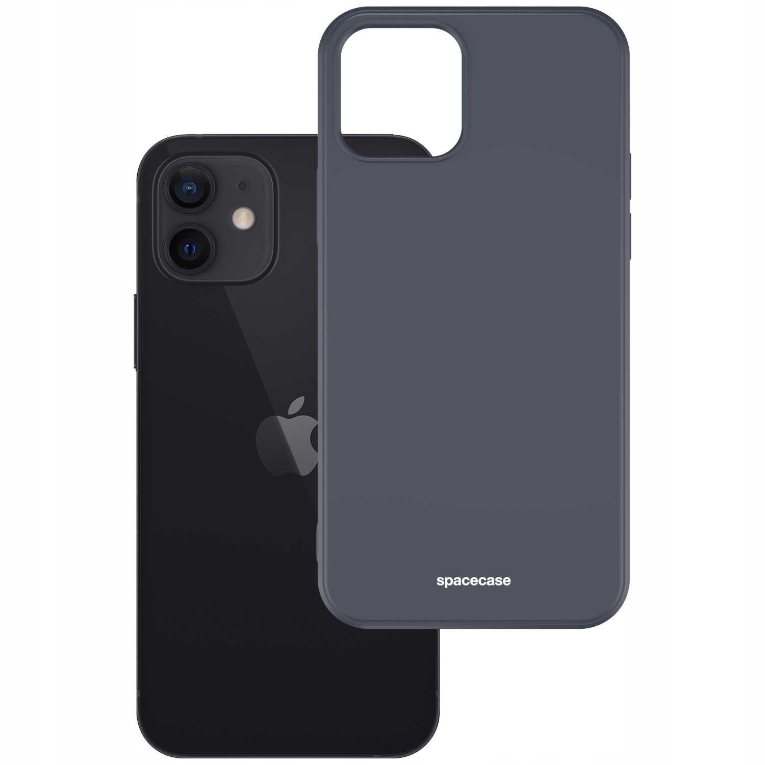 Na obrazie widoczne jest czarne silikonowe etui na telefon z napisem \'spacecase\' oraz czarny telefon z logo jabłka. Etui ma wycięcie na aparat i przyciski boczne.