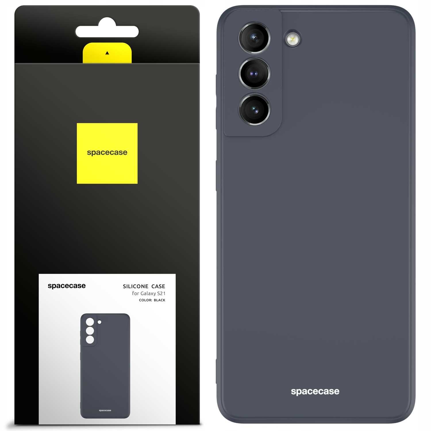 Obraz przedstawia czarne silikonowe etui na telefon z trzema otworami na aparaty. Opakowanie produktu ma żółte logo z napisem \'spacecase\' oraz informację \'SILICONE CASE for Galaxy S21 COLOR: BLACK\'.