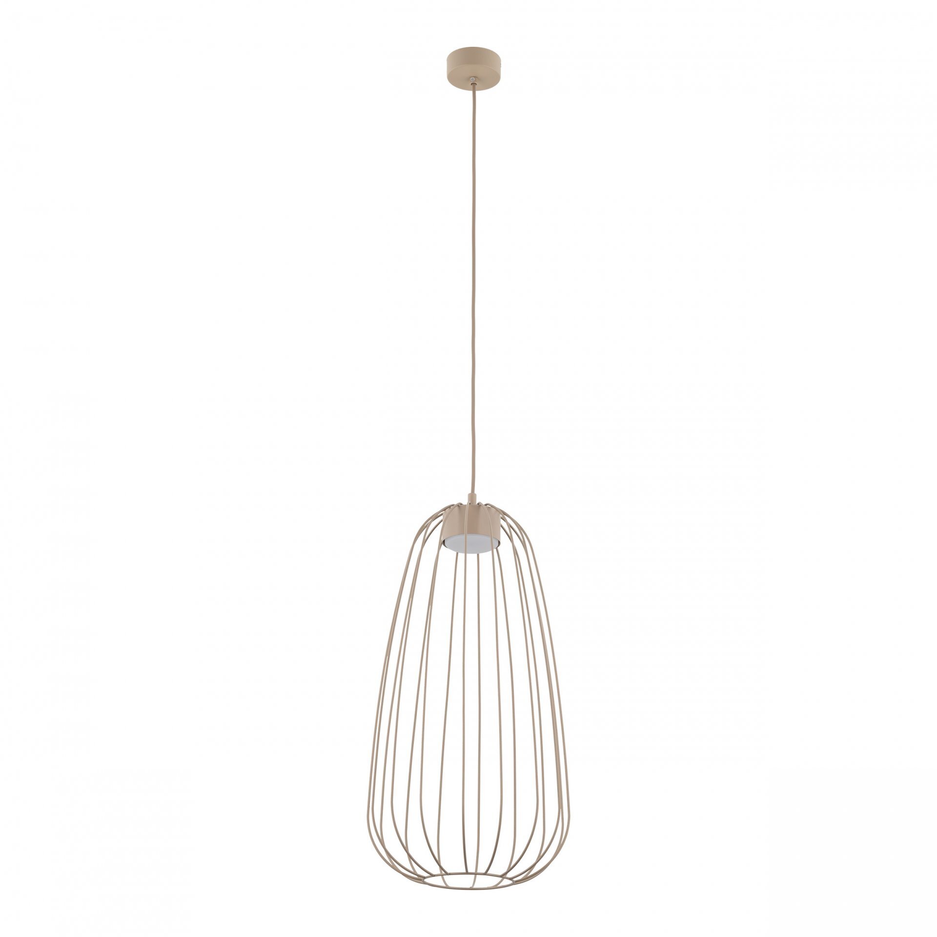 Lampa wisząca o nowoczesnym designie z metalowym kloszem w kształcie wydłużonej klatki. Klosz jest zawieszony na długim przewodzie, a całość utrzymana jest w jasnym kolorze.