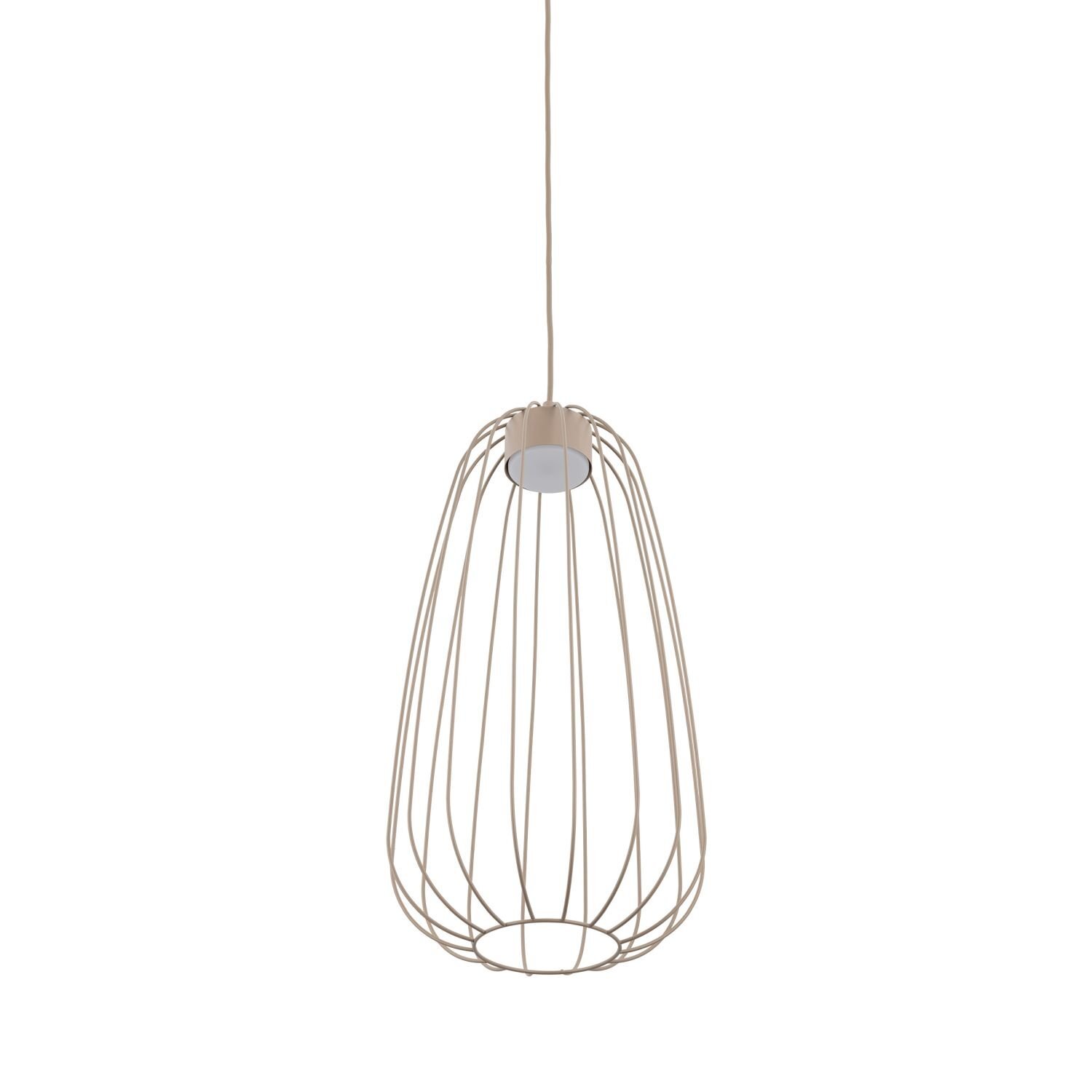 Lampa wisząca o nowoczesnym designie, z metalowym kloszem w kształcie klatki, zawieszona na cienkim przewodzie.