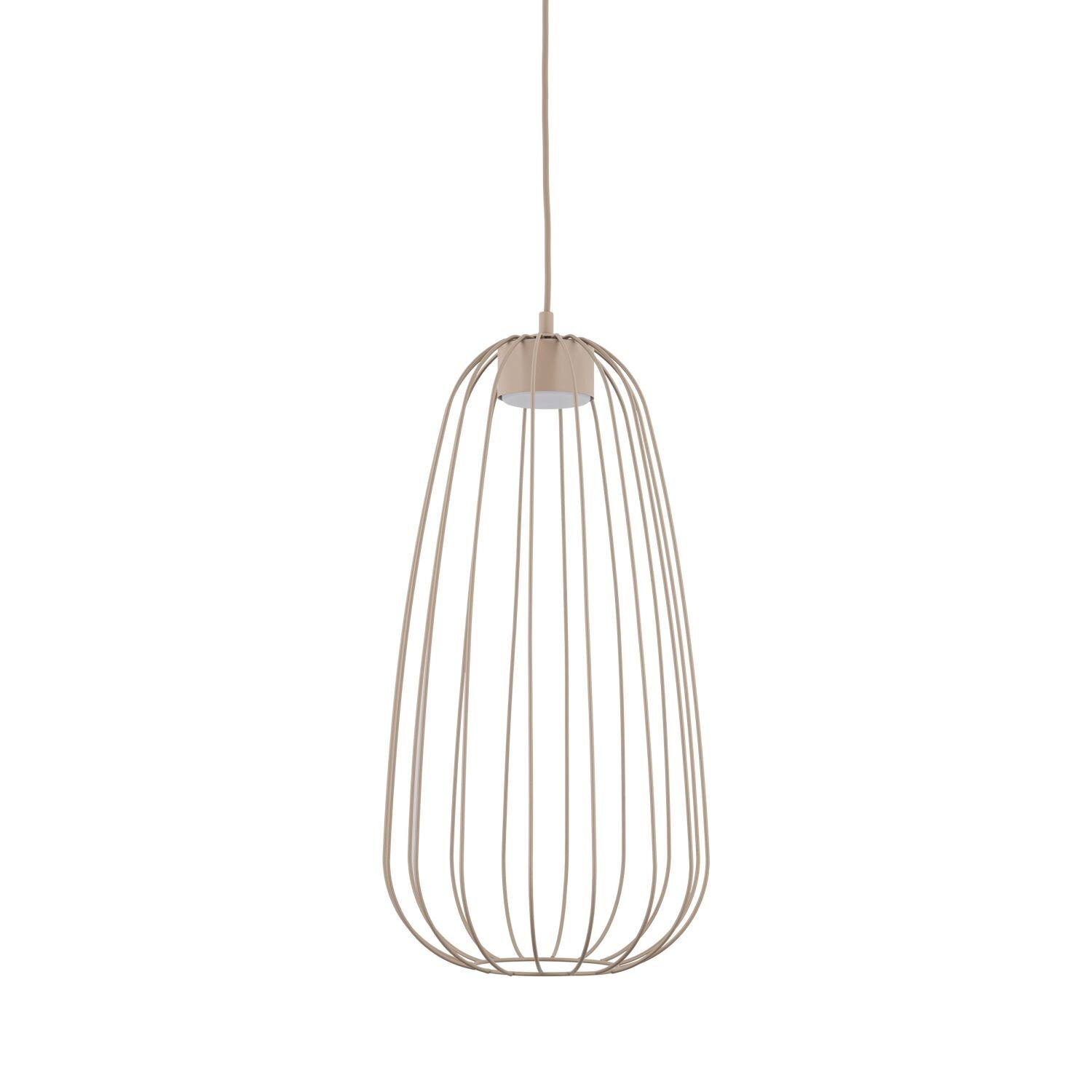 Lampa wisząca o nowoczesnym designie, składająca się z metalowych prętów tworzących klosz w kształcie wydłużonej kropli. Lampa jest zawieszona na cienkim przewodzie.