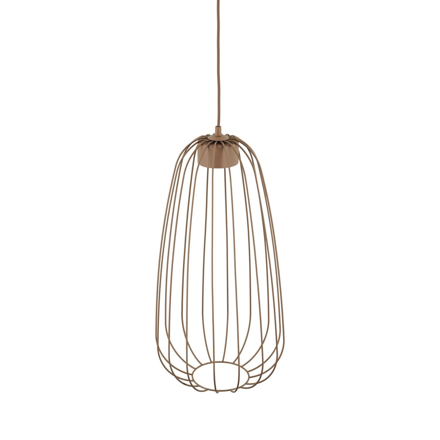 Lampa wisząca o nowoczesnym designie, wykonana z metalowych prętów w kolorze brązowym, tworzących klosz w kształcie wydłużonej elipsy.