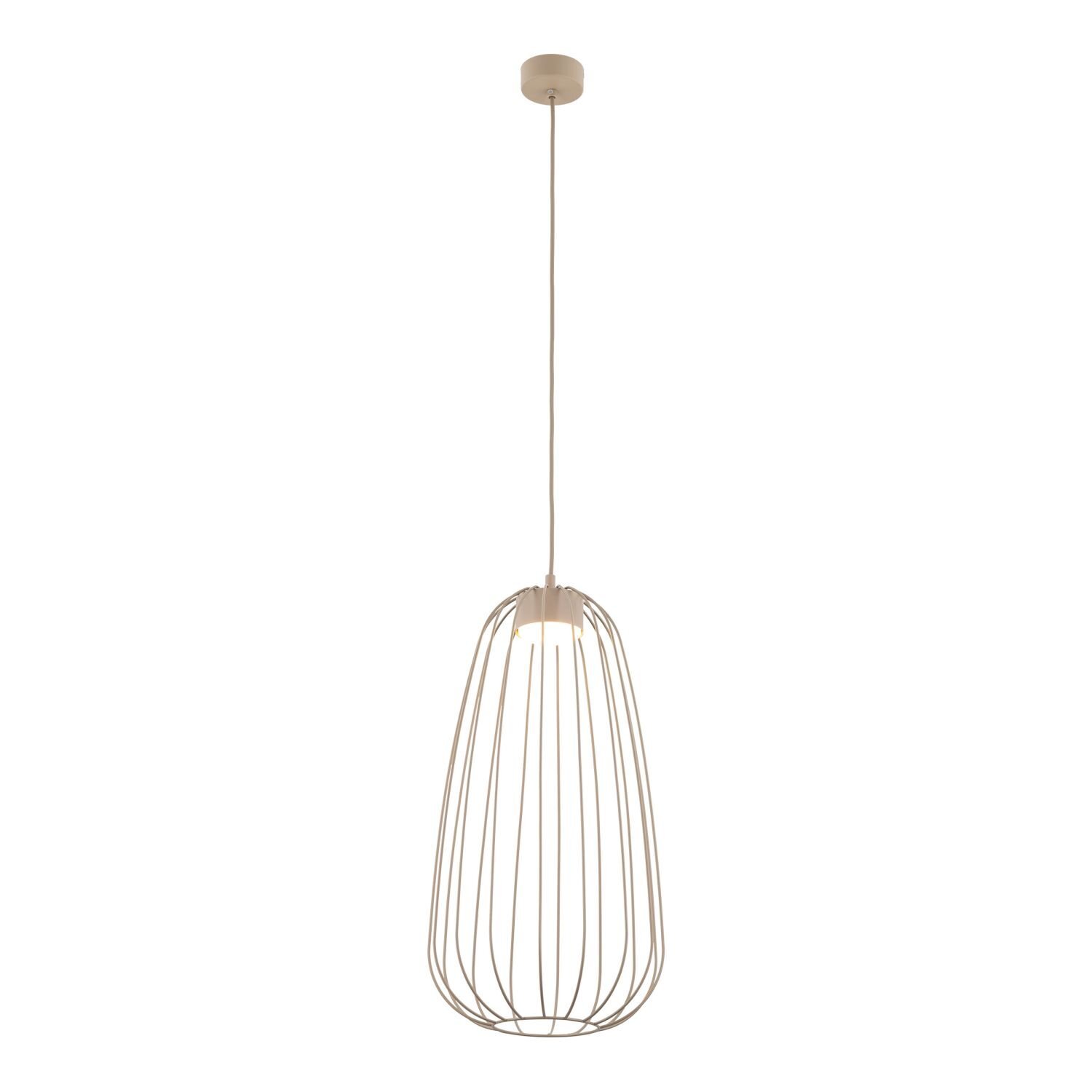 Lampa wisząca o nowoczesnym designie z metalowym kloszem w kształcie klatki. Klosz jest zawieszony na długim przewodzie, a całość utrzymana jest w jasnym kolorze.