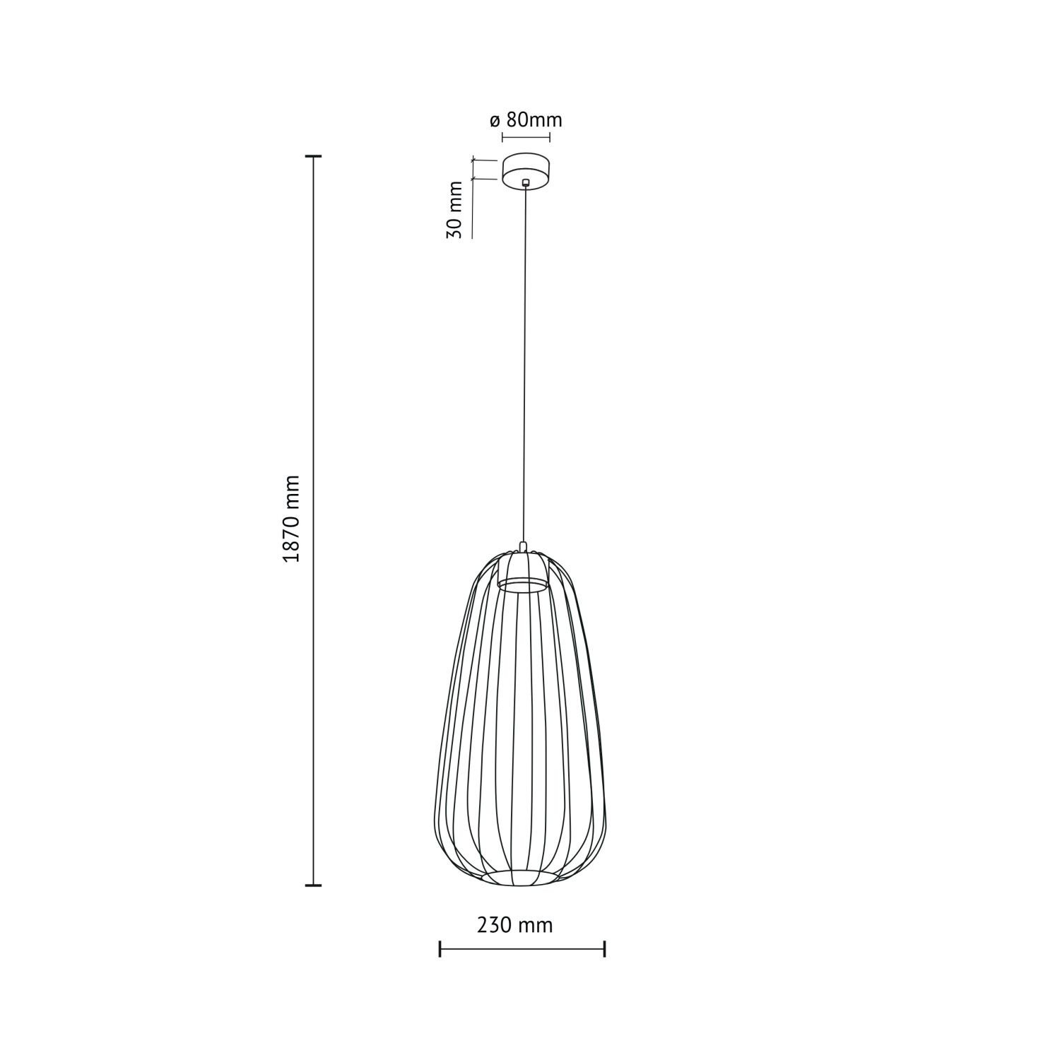 Schematyczny rysunek lampy wiszącej z wymiarami: wysokość 1870 mm, średnica klosza 230 mm, średnica mocowania 80 mm, wysokość mocowania 30 mm.