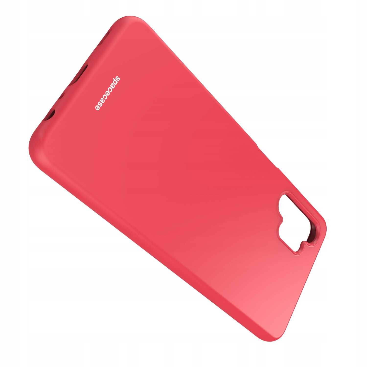 Czerwone silikonowe etui z wycięciem na aparat, z widocznym napisem \'spacecase\'.
