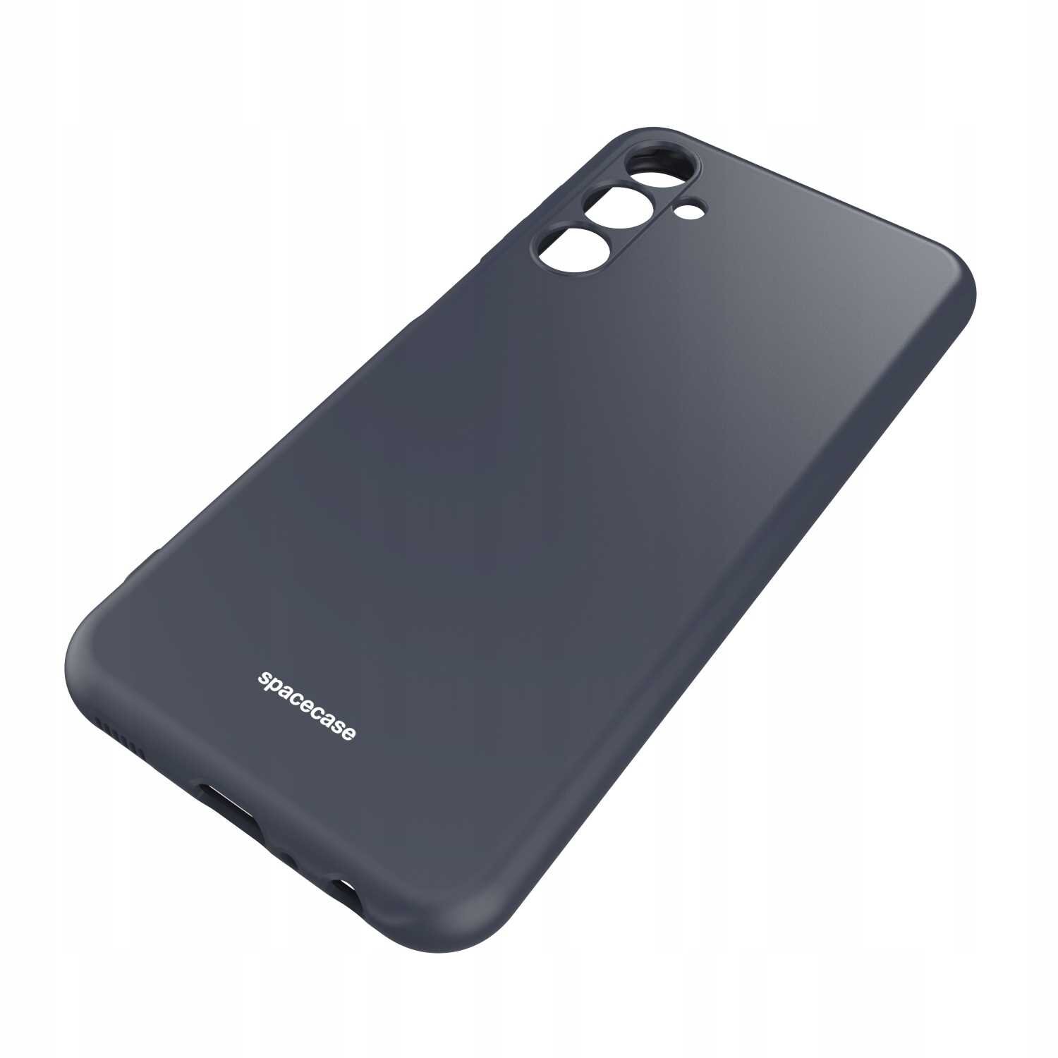 Czarne silikonowe etui z wycięciami na aparat i logo \'spacecase\' na dole.