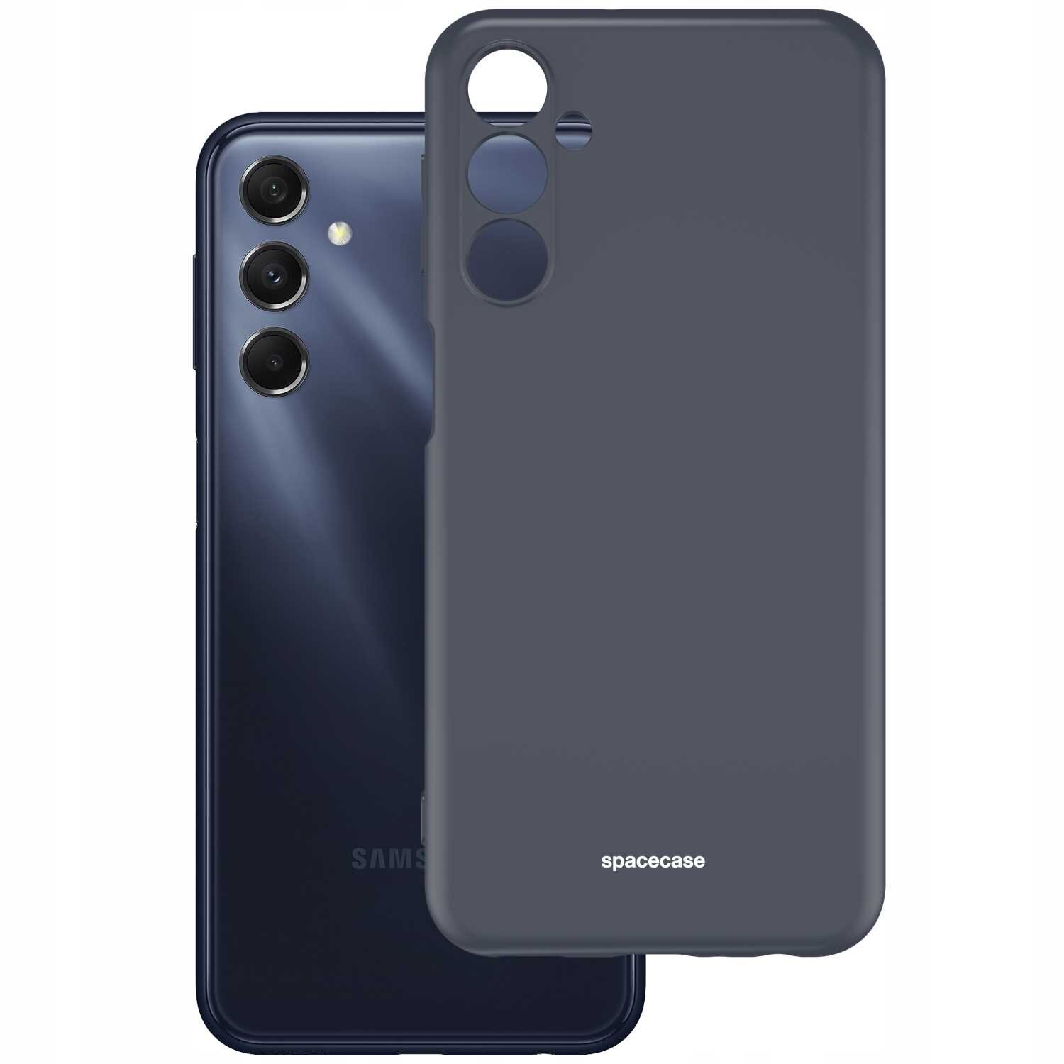 Na obrazie widoczne jest czarne silikonowe etui z napisem \'spacecase\', przeznaczone do telefonu z trzema obiektywami aparatu. Obok etui znajduje się telefon z widocznymi trzema obiektywami i logo \'Samsung\'.