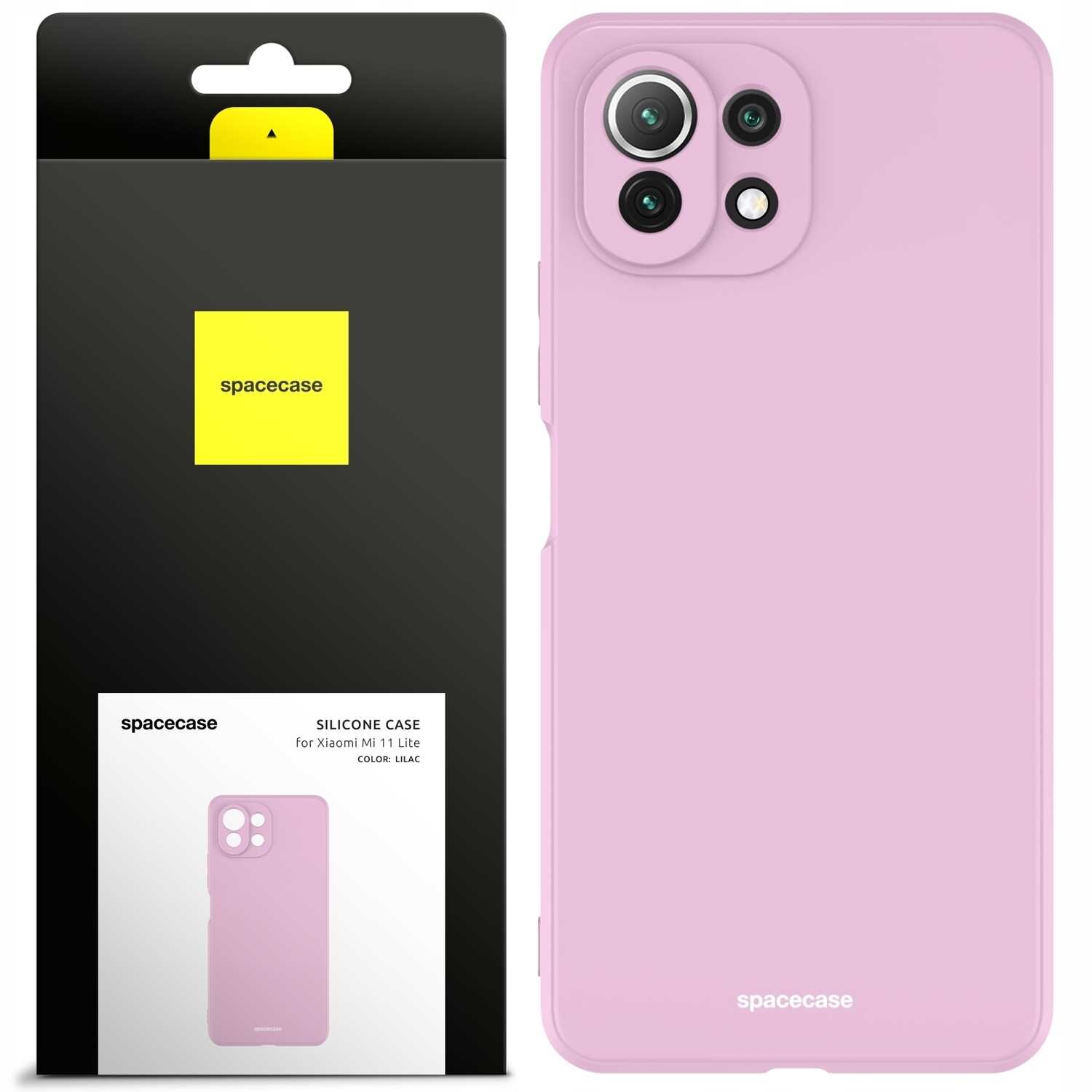 Obraz przedstawia różowe silikonowe etui na telefon z trzema otworami na aparaty. Obok znajduje się opakowanie z logo \'spacecase\' i napisem \'SILICONE CASE for Xiaomi Mi 11 Lite COLOR: LILAC\'.