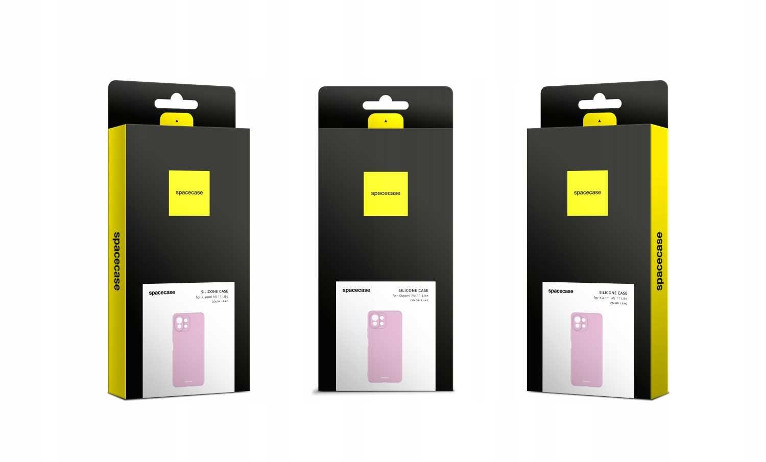 Trzy opakowania produktu z logo \'spacecase\' na czarnym tle z żółtym akcentem. Na każdym opakowaniu widoczny jest obraz różowego etui na telefon.