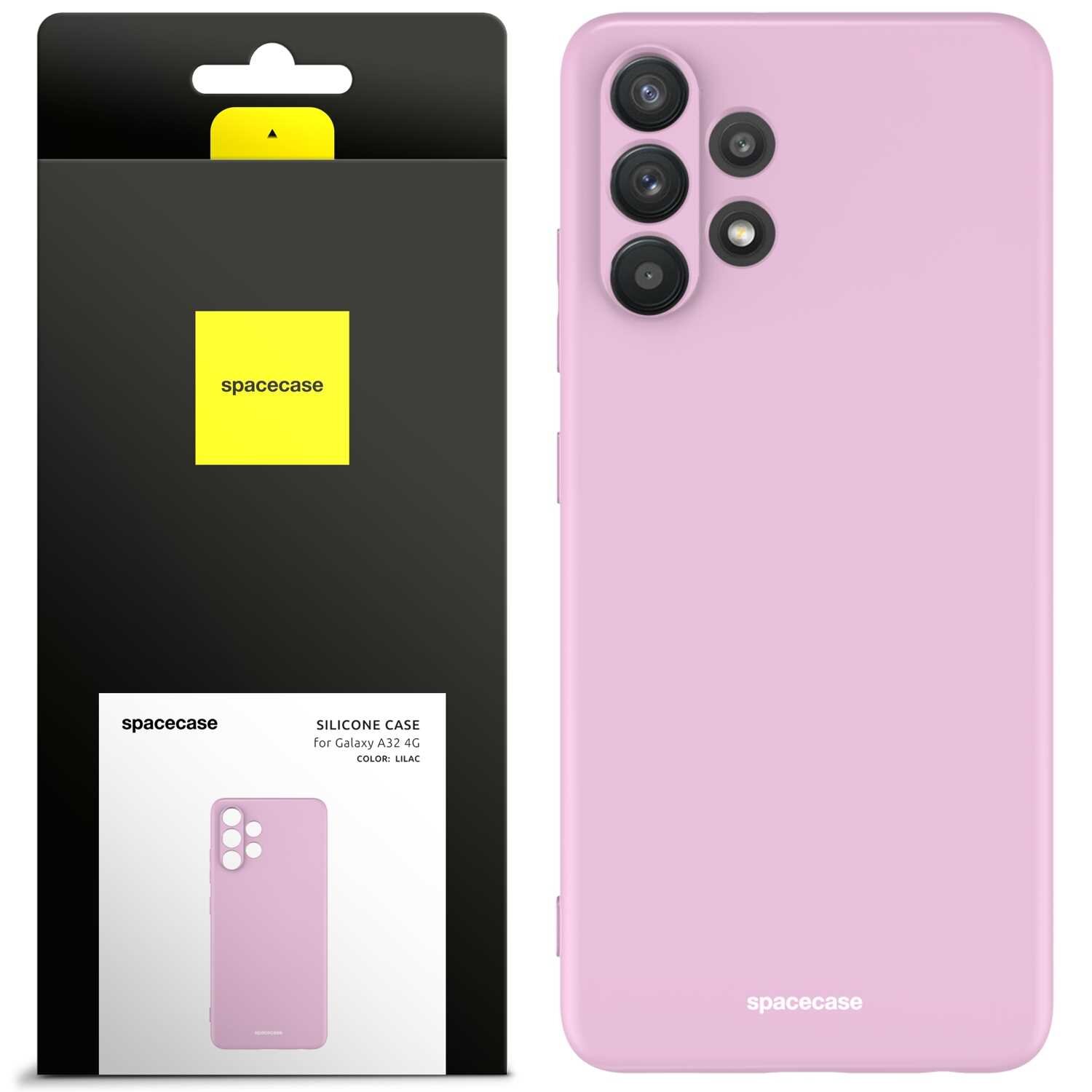 Obraz przedstawia różowe silikonowe etui na telefon z czterema otworami na aparaty. Obok znajduje się opakowanie z logo \'spacecase\' i napisem \'SILICONE CASE for Galaxy A32 4G COLOR: LILAC\'.