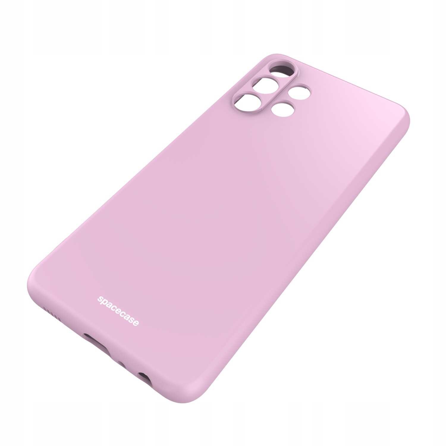 Różowe silikonowe etui z wycięciami na aparat i logo \'spacecase\' na dole. Etui jest przeznaczone do telefonu Galaxy A32 4G.