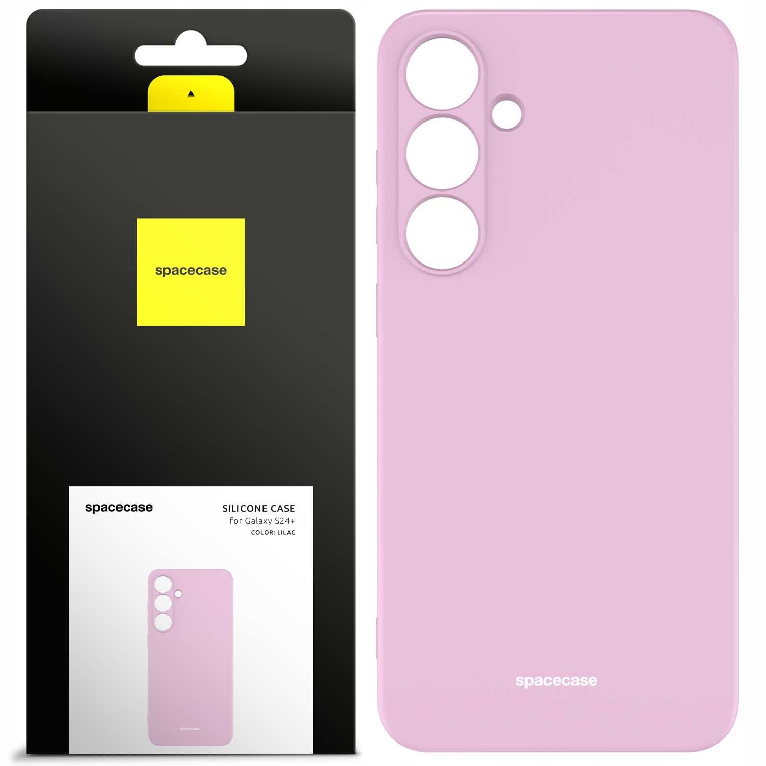 Różowe silikonowe etui z trzema otworami na aparat i jednym na lampę błyskową. Opakowanie z logo \'spacecase\' i napisem \'SILICONE CASE for Galaxy S24+ COLOR: LILAC\'.