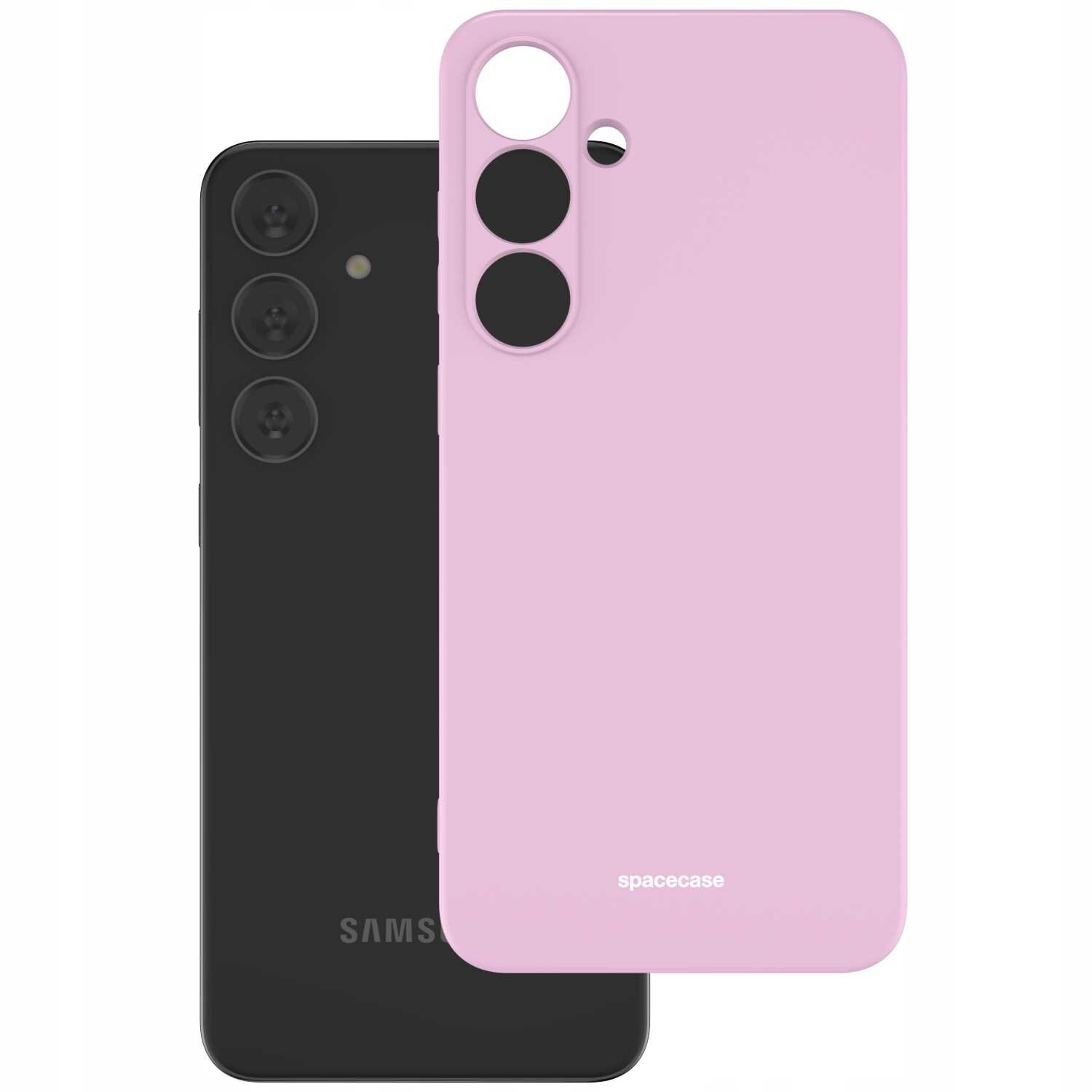 Na obrazie widoczne jest różowe silikonowe etui z trzema otworami na aparaty oraz logo \'spacecase\'. W tle znajduje się czarny telefon z trzema obiektywami aparatu i logo \'SAMSUNG\'.
