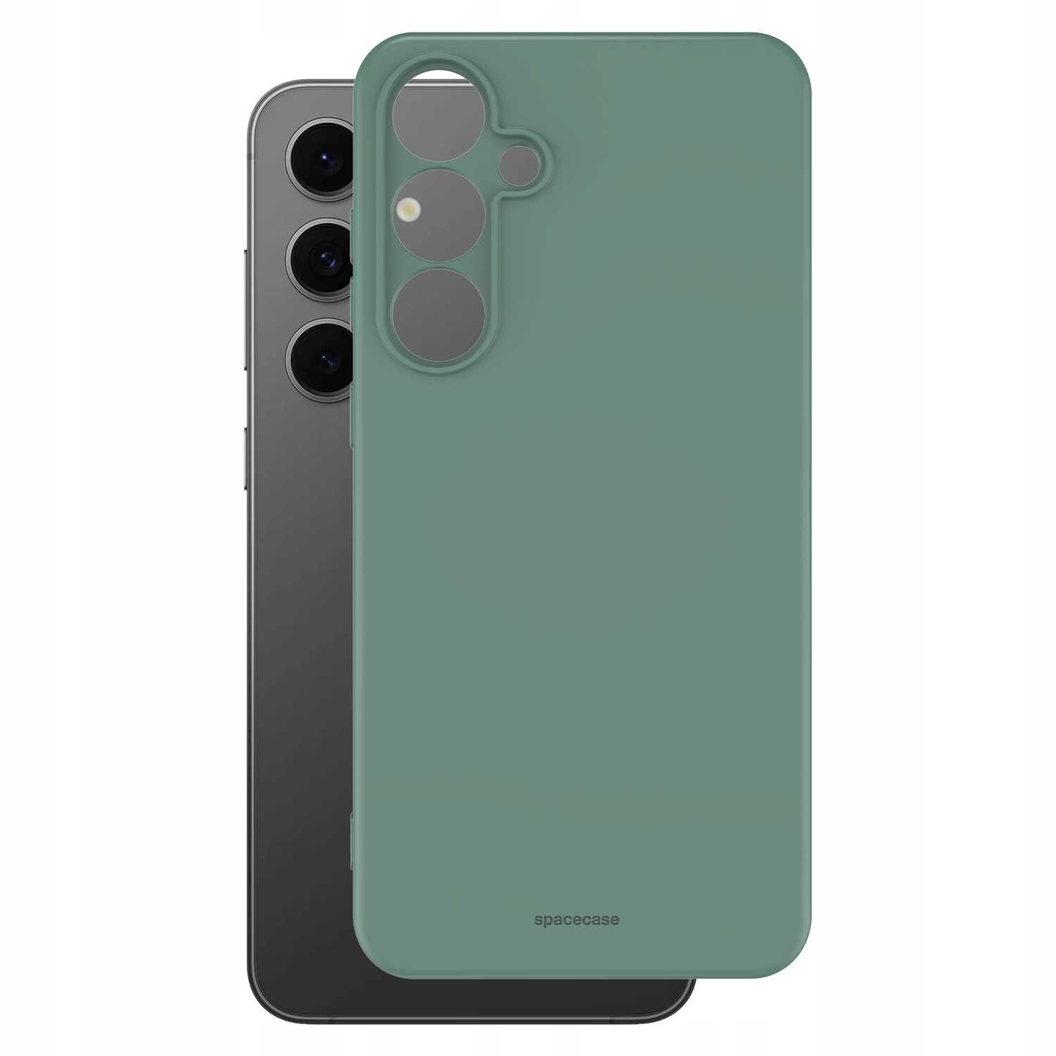 Zielone silikonowe etui na telefon z wycięciami na aparat, obok czarny telefon z trzema obiektywami. Na etui widoczny jest napis \'spacecase\'.