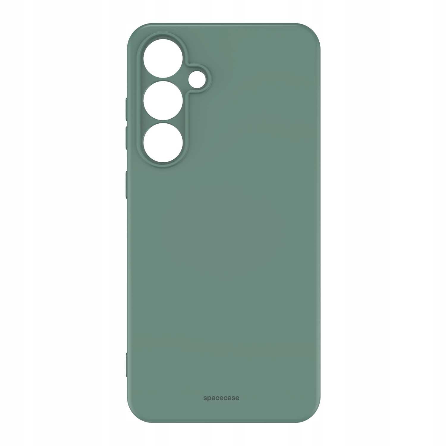 Zielone silikonowe etui z trzema dużymi i jednym małym otworem na aparaty. Na dole widoczny jest napis \'spacecase\'.