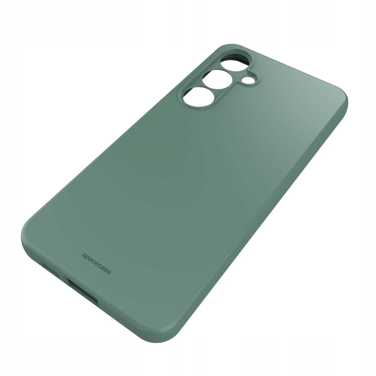 Zielone silikonowe etui z trzema otworami na aparat i logo \'spacecase\' na dole. Etui ma gładką powierzchnię i jest przeznaczone do telefonu.