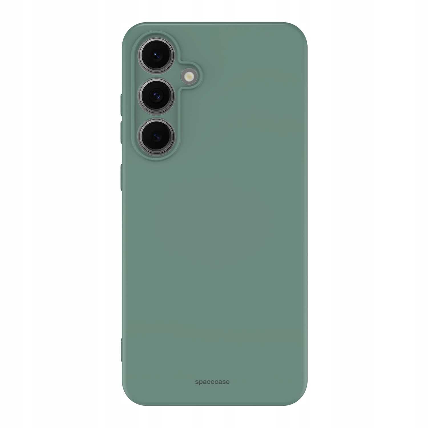 Zielone silikonowe etui z trzema otworami na aparaty fotograficzne i napisem \'spacecase\' na dole.