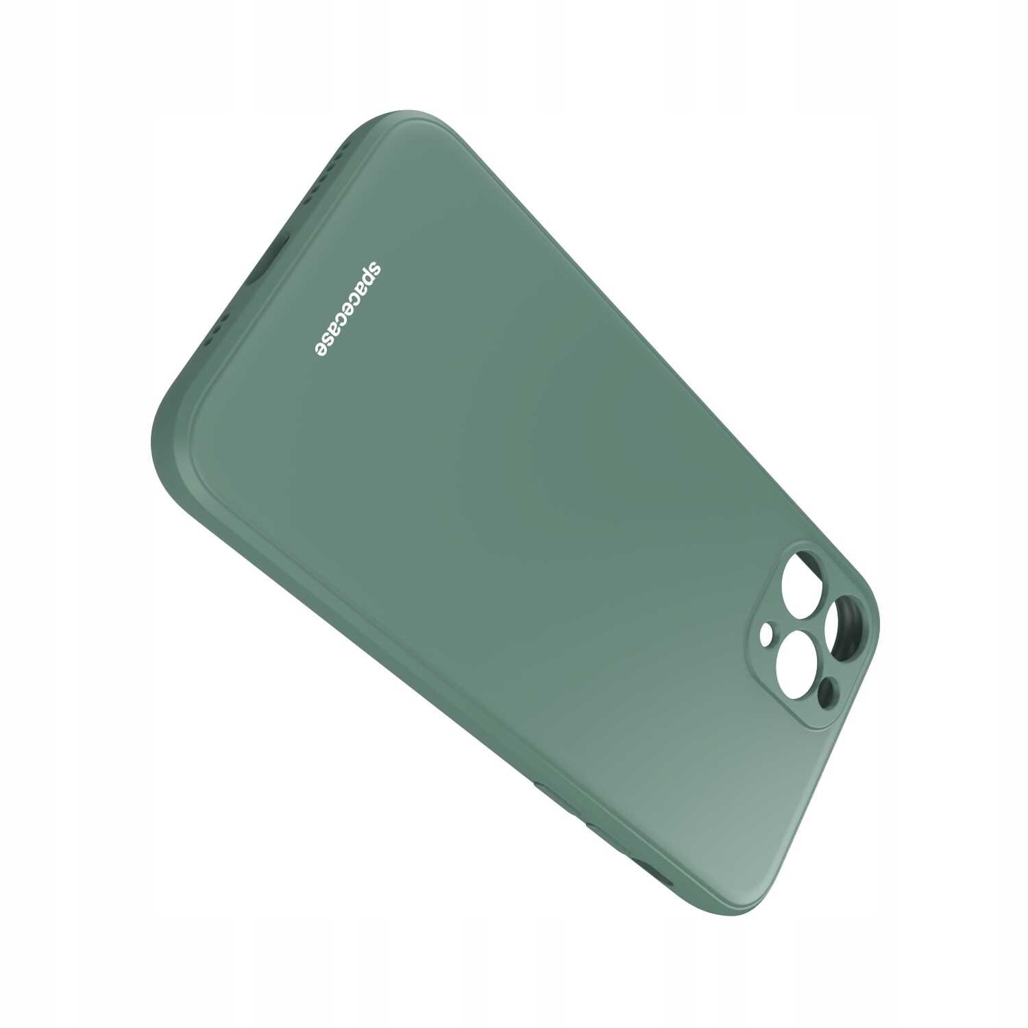 Zielone silikonowe etui z wycięciami na aparat i logo \'spacecase\' na powierzchni.