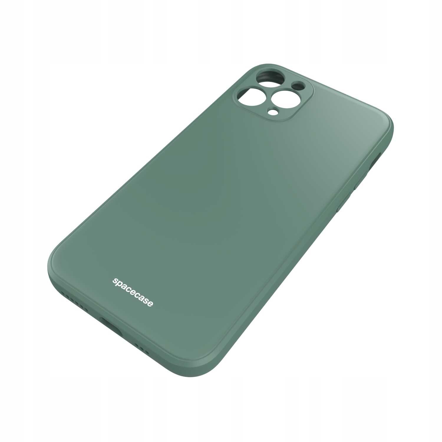 Zielone silikonowe etui z wycięciami na aparat i logo \'spacecase\' na dole.