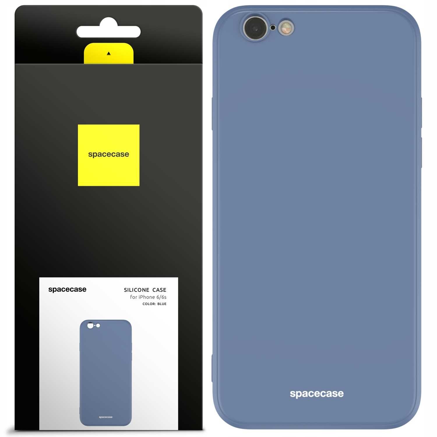 Obraz przedstawia silikonowe etui w kolorze niebieskim, przeznaczone do iPhone 6/6s. Na opakowaniu widnieje logo \'spacecase\' oraz napis \'SILICONE CASE for iPhone 6/6s COLOR: BLUE\'.