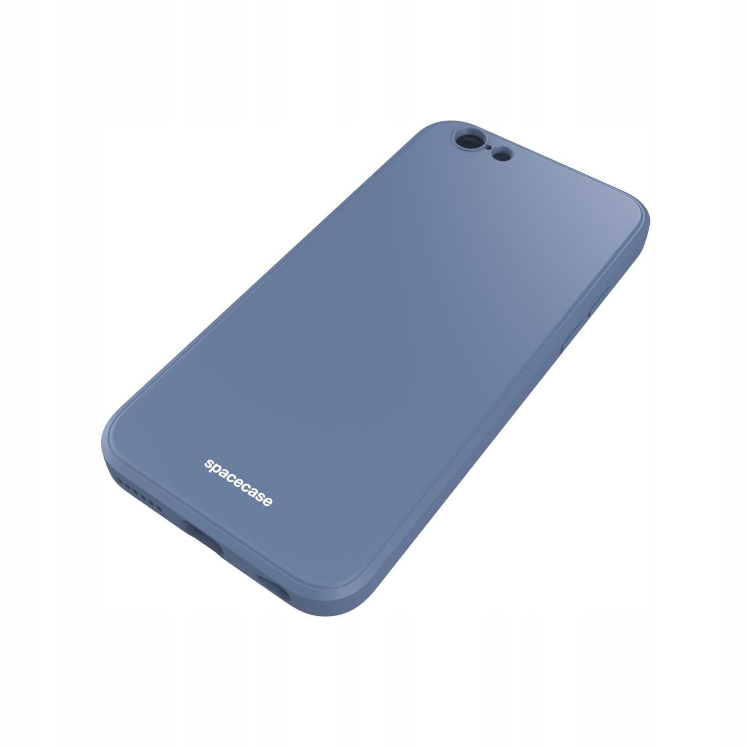 Niebieskie silikonowe etui na telefon z widocznym logo \'spacecase\'.