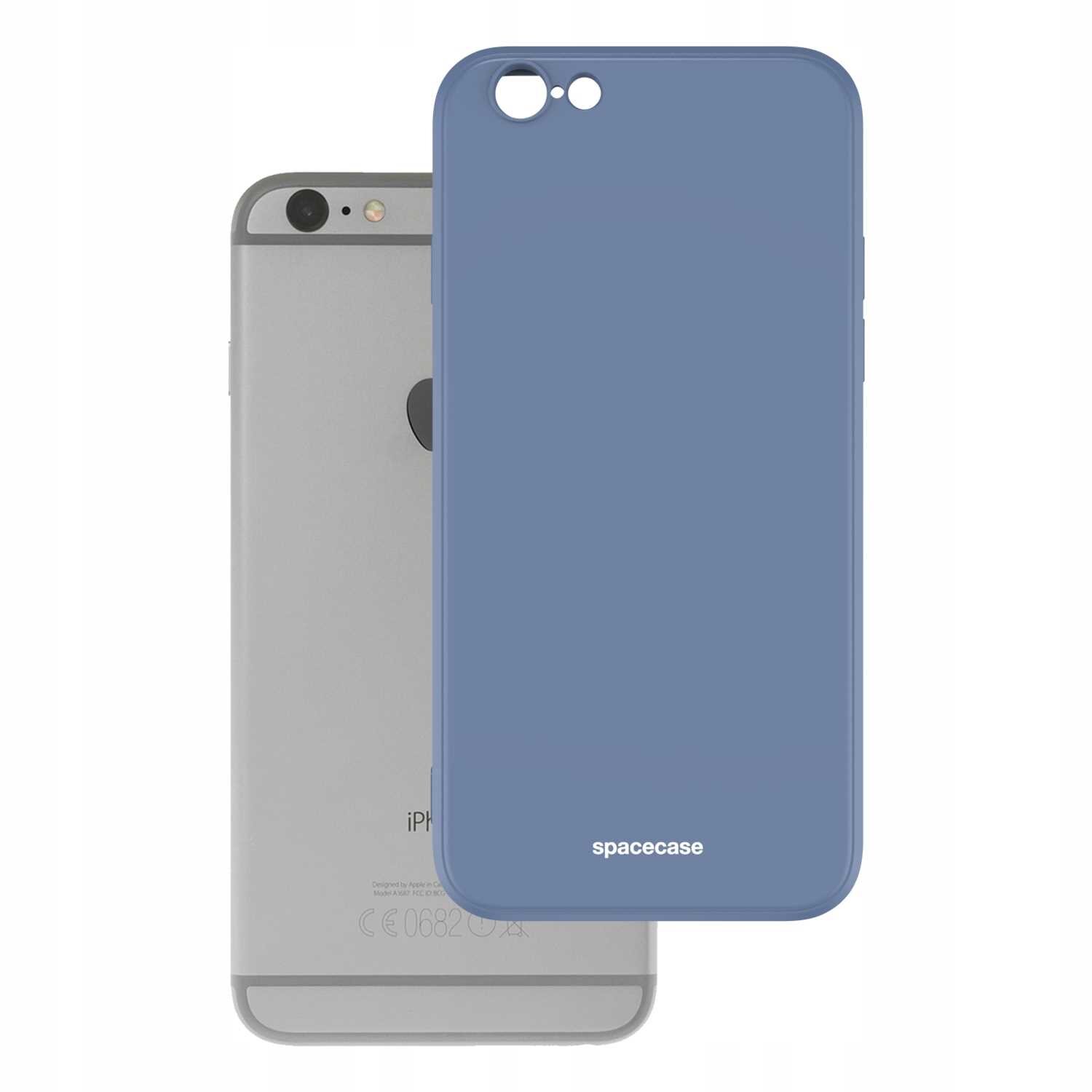 Na obrazie widoczne jest niebieskie silikonowe etui z napisem \'spacecase\', przeznaczone do iPhone 6/6s. W tle znajduje się szary telefon z logo w kształcie jabłka.