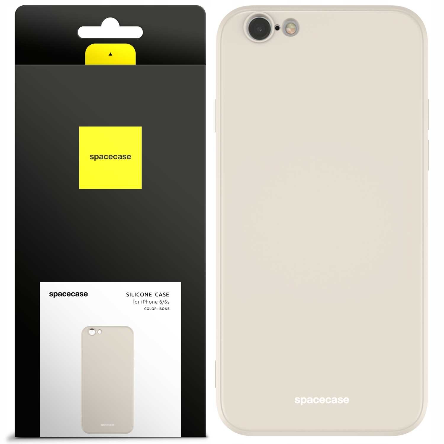 Obraz przedstawia beżowe silikonowe etui na telefon z napisem \'spacecase\' na dole. Obok znajduje się opakowanie z logo \'spacecase\' i opisem \'SILICONE CASE for iPhone 6/6s COLOR: BONE\'.