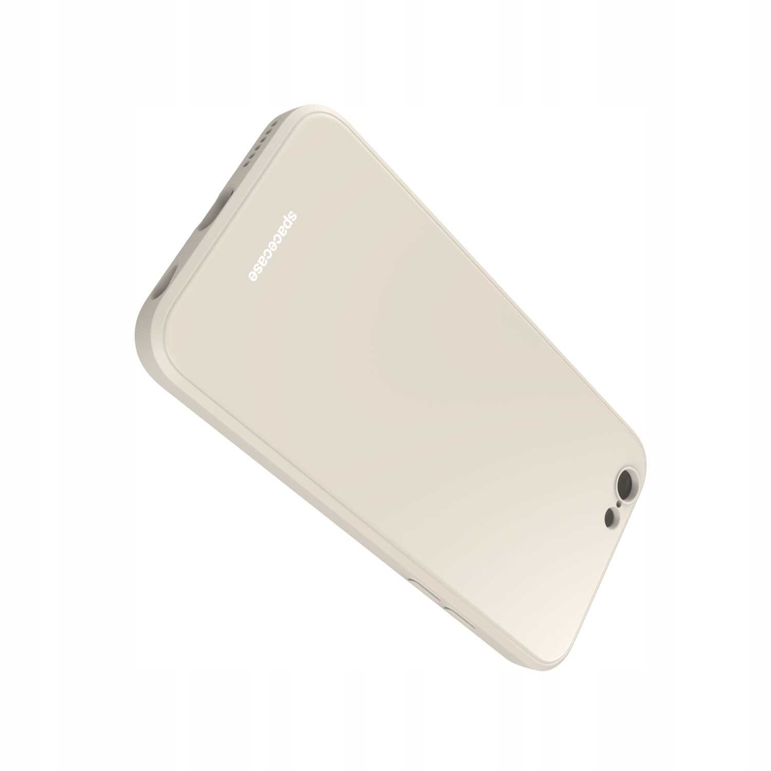 Beżowe silikonowe etui na telefon z widocznym logo \'spacecase\'.