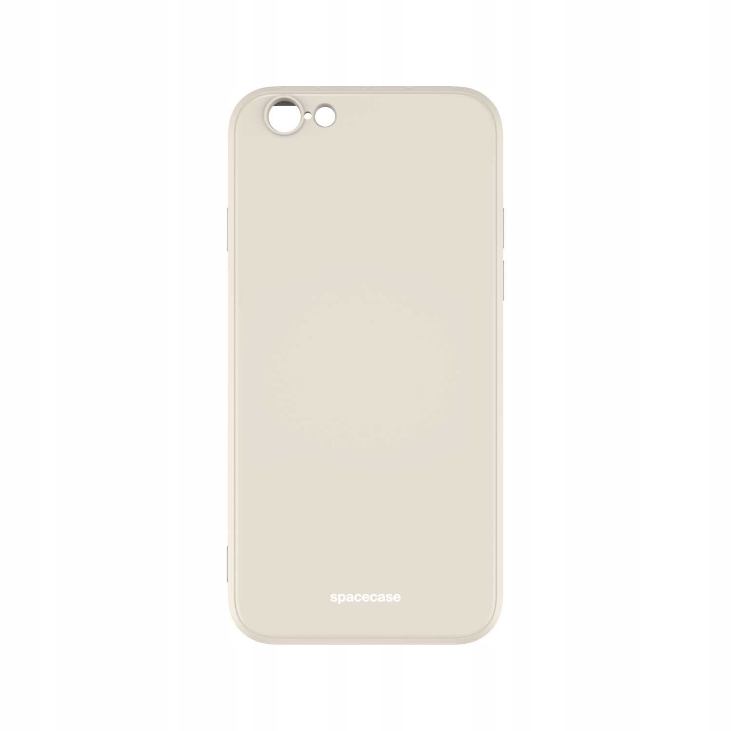 Beżowe silikonowe etui na telefon z wycięciem na aparat i napisem \'spacecase\' na dole.