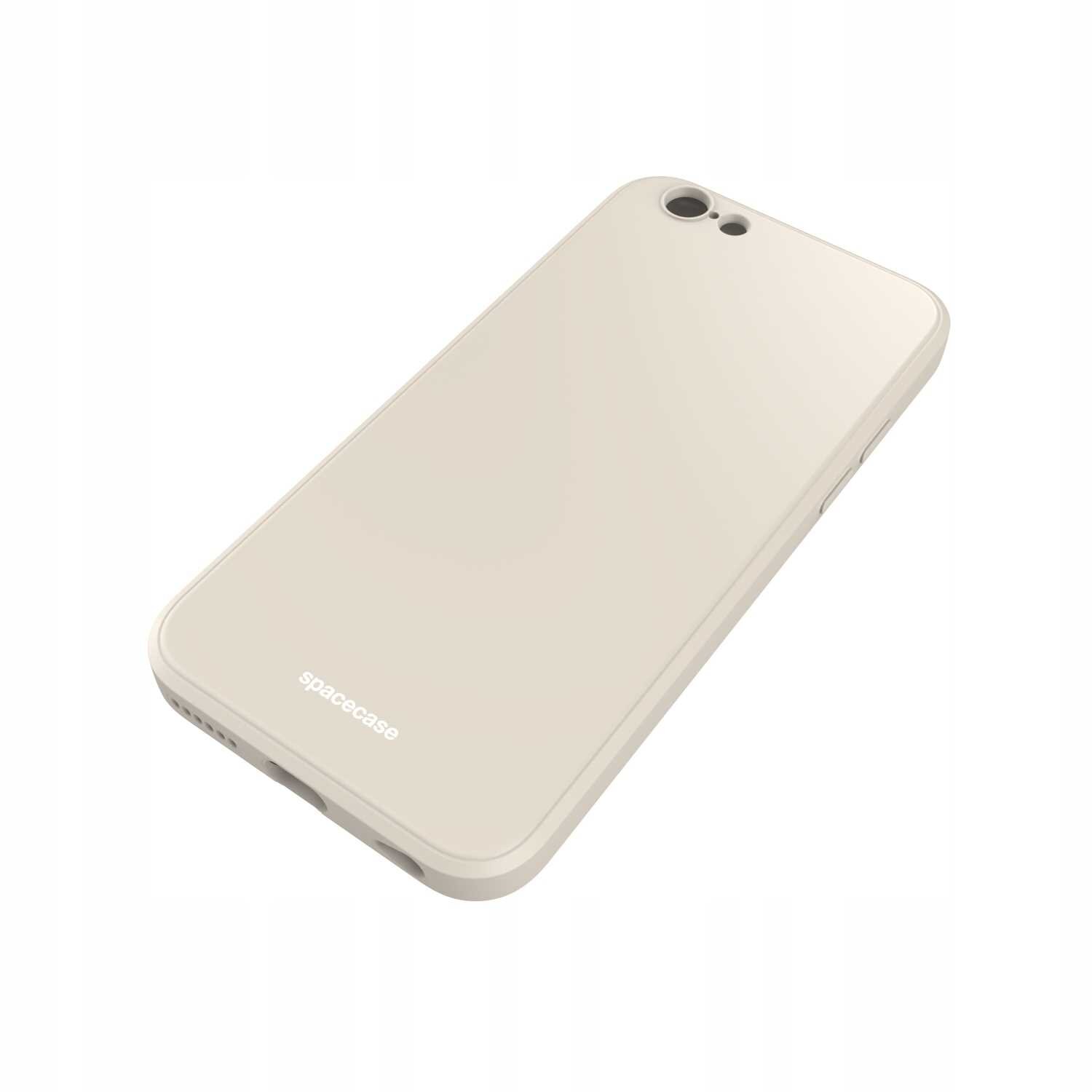 Beżowe silikonowe etui na telefon z wycięciami na aparat i przyciski. Na dole widoczny jest napis \'spacecase\'.