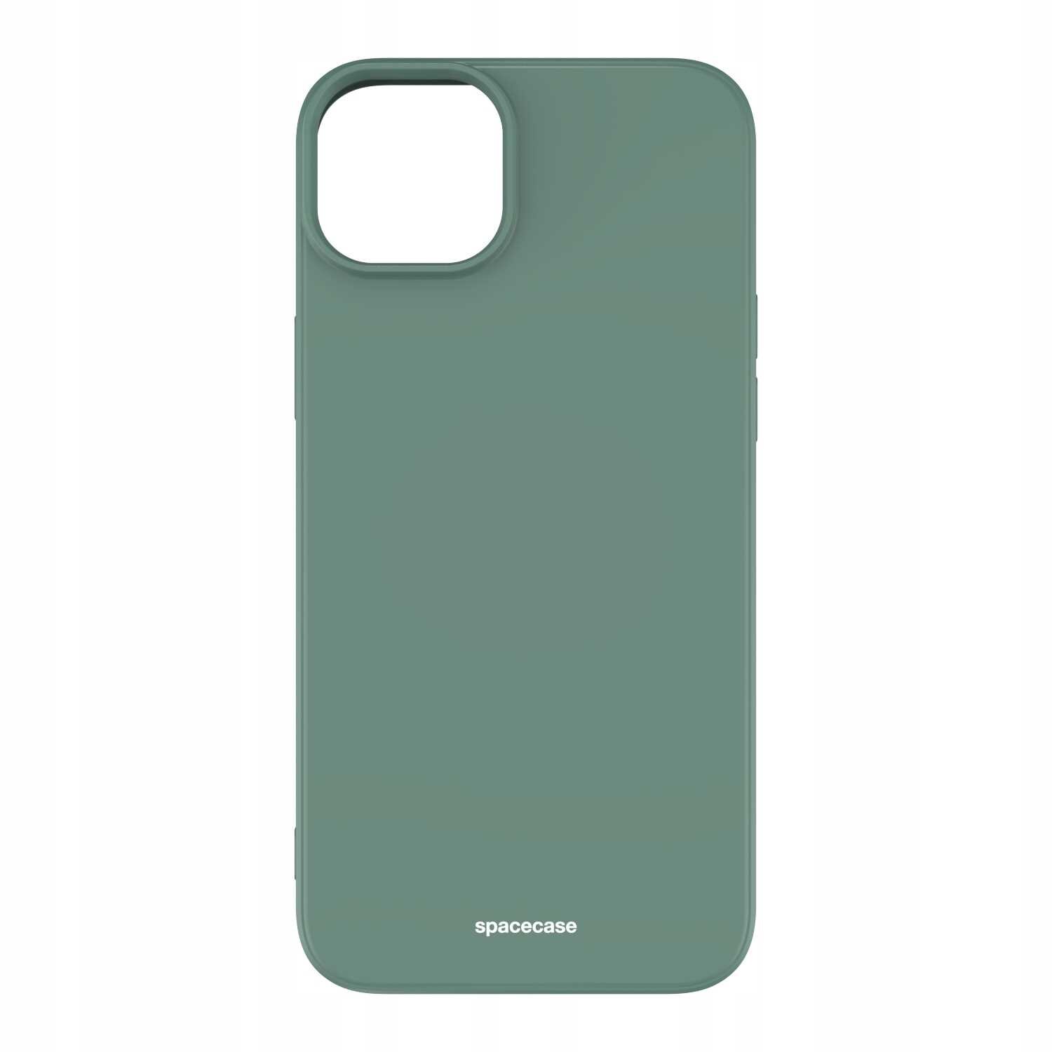 Zielone silikonowe etui na telefon z wycięciem na aparat. Na dole widoczny jest napis \'spacecase\'.