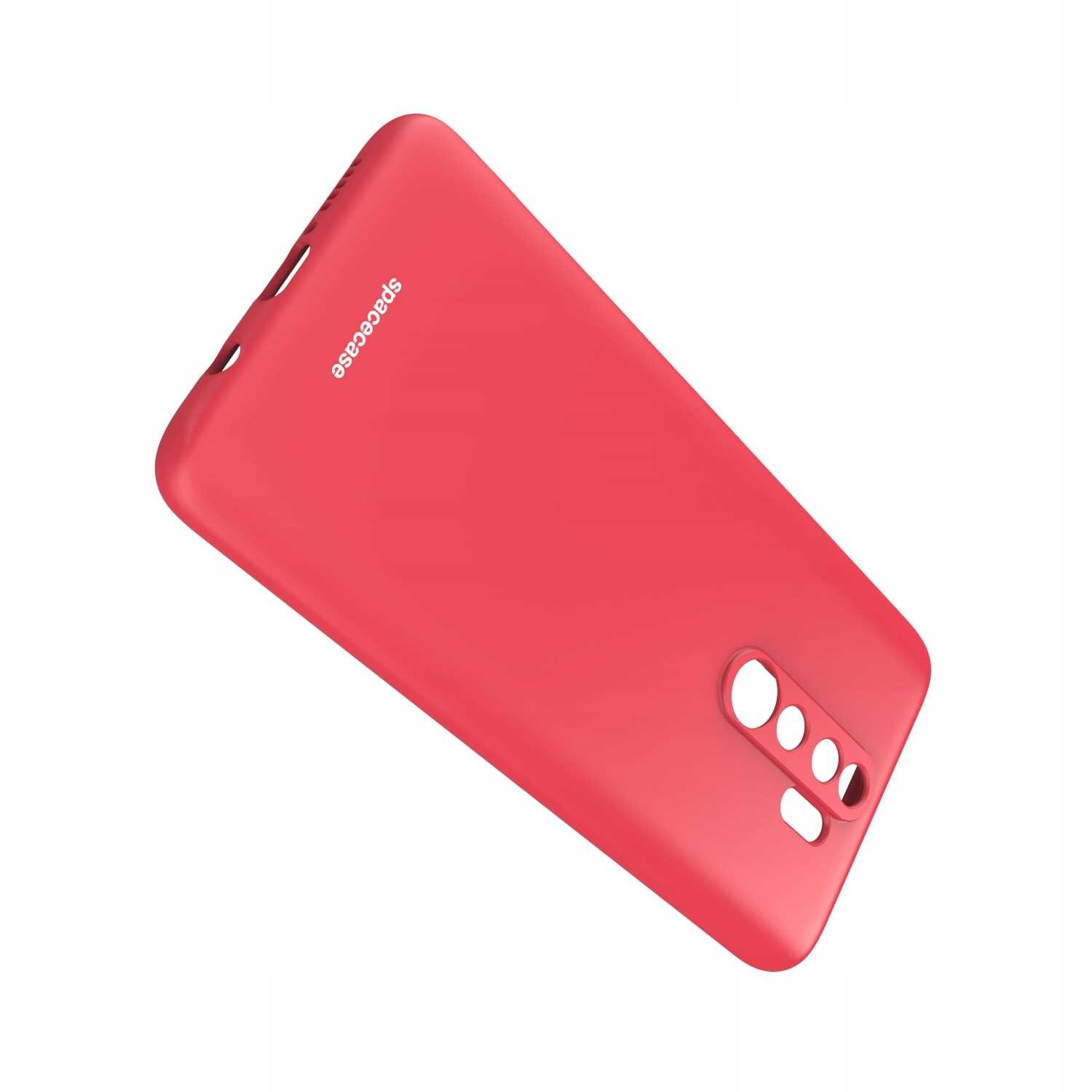 Czerwone silikonowe etui z wycięciami na aparat i przyciski, z widocznym napisem \'spacecase\'.