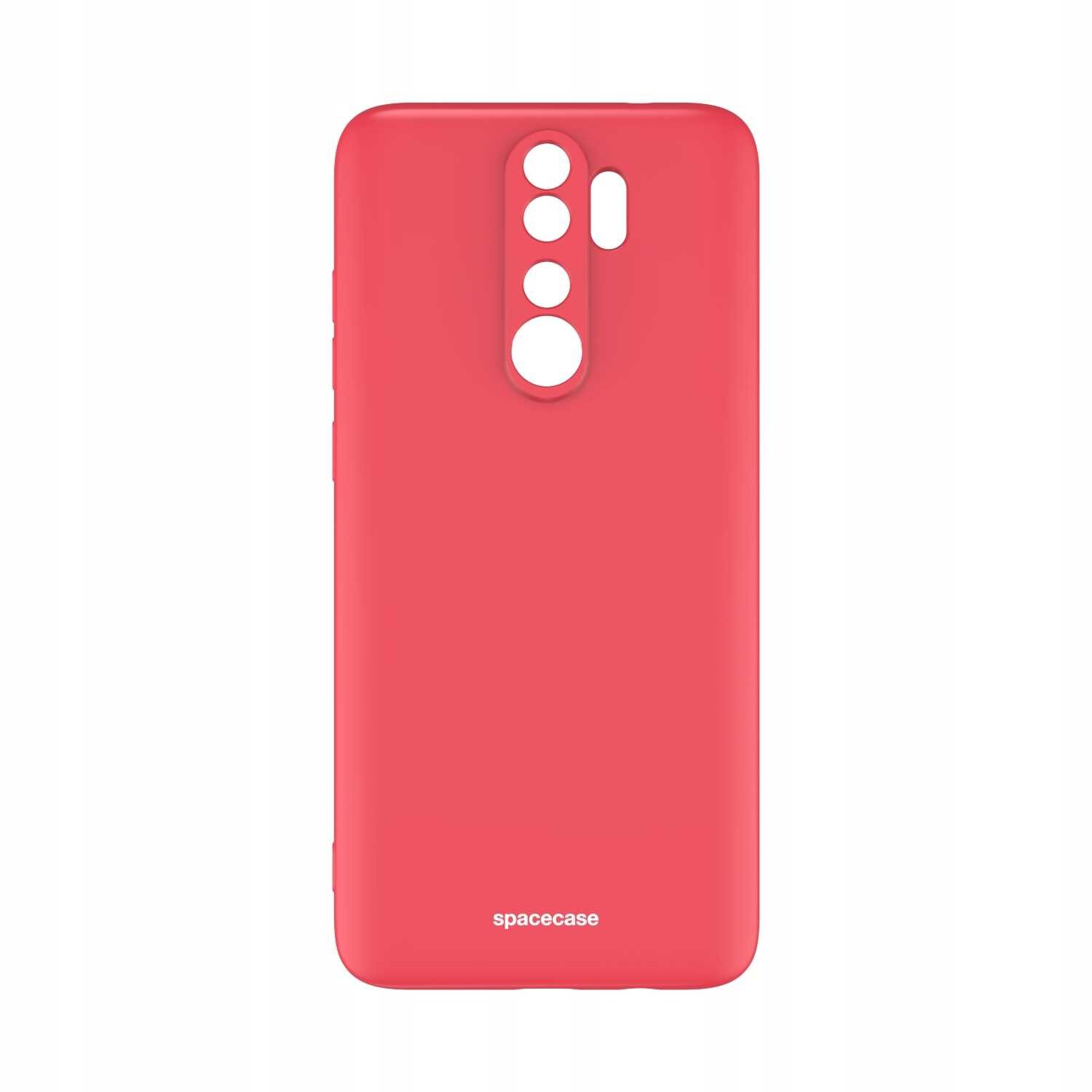 Czerwone silikonowe etui z wycięciami na aparat i logo \'spacecase\' na dole.