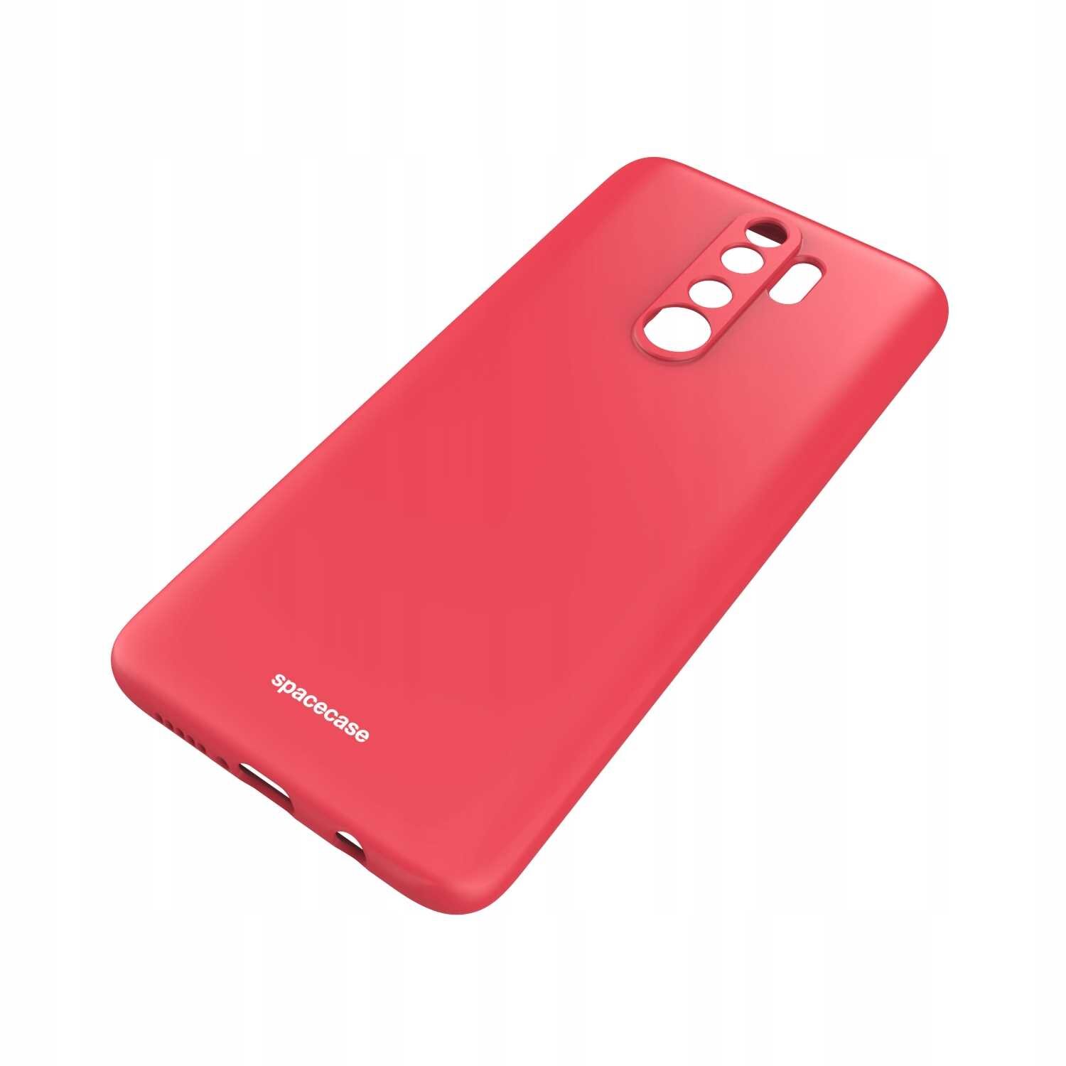 Czerwone silikonowe etui z wycięciami na aparat i przyciski, z widocznym napisem \'spacecase\'.