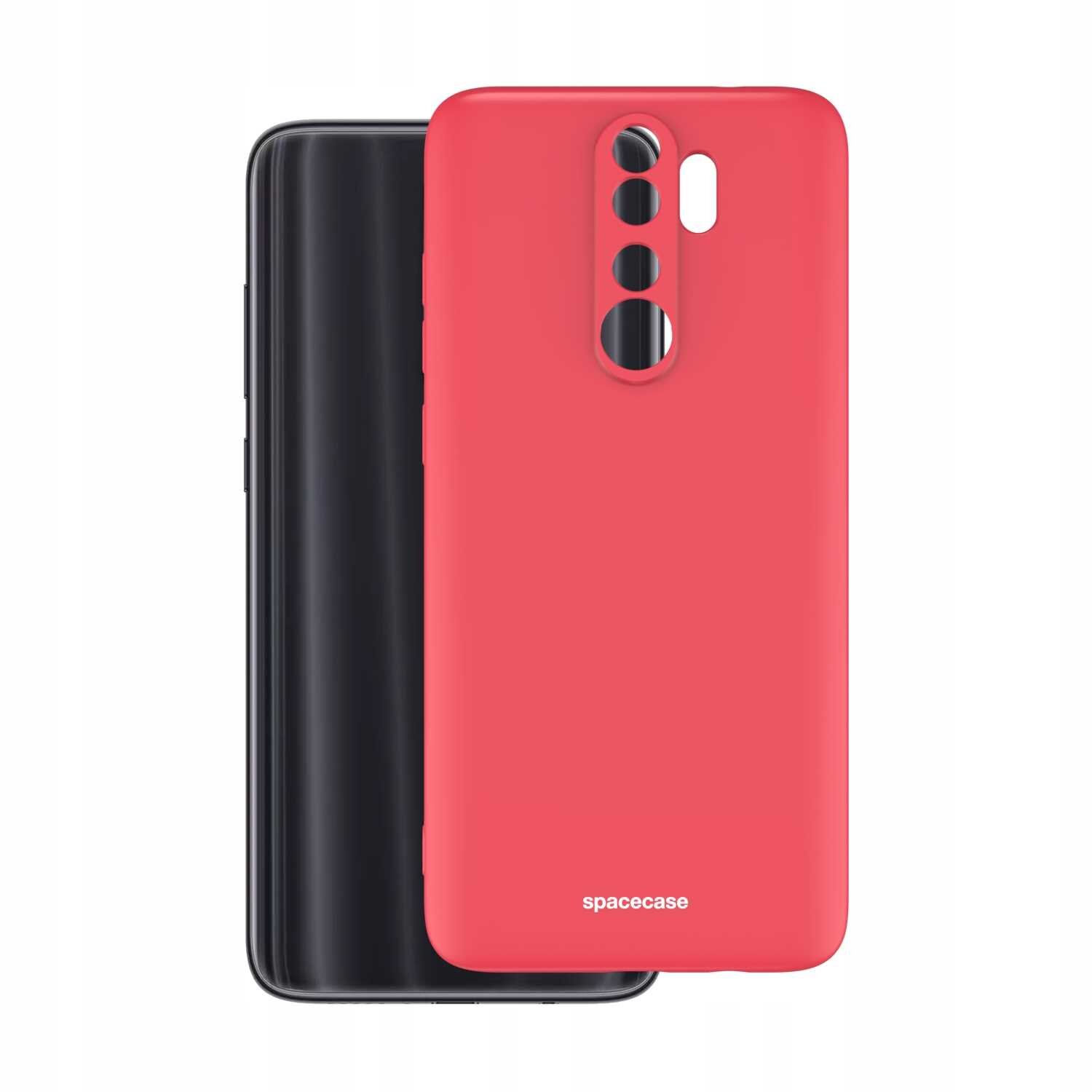Czerwone silikonowe etui z wycięciami na aparat i logo \'spacecase\' na dole. Obok etui widoczny jest czarny telefon.