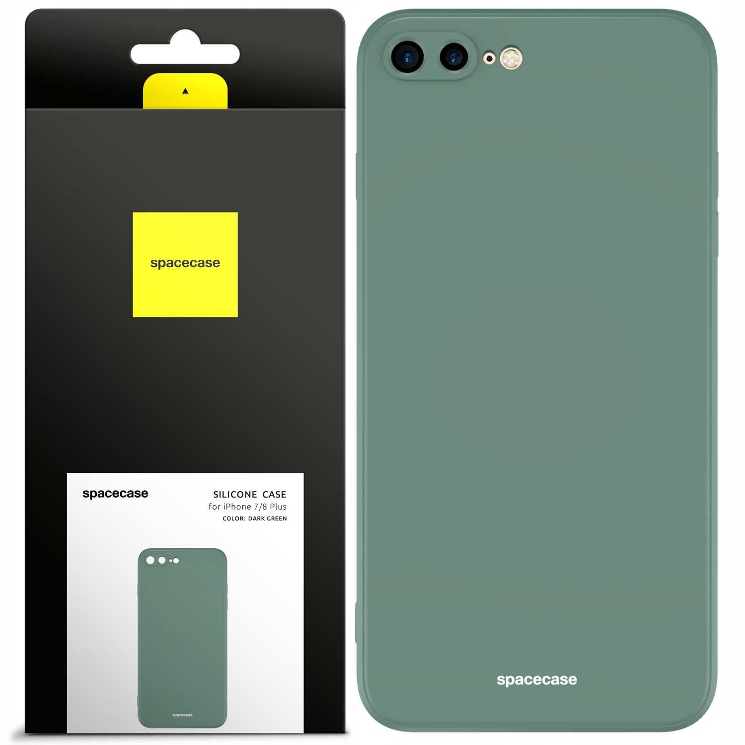 Zielone silikonowe etui na telefon z napisem \'spacecase\' na dole. Opakowanie zawiera logo \'spacecase\' na żółtym tle oraz informację \'SILICONE CASE for iPhone 7/8 Plus COLOR: DARK GREEN\'.