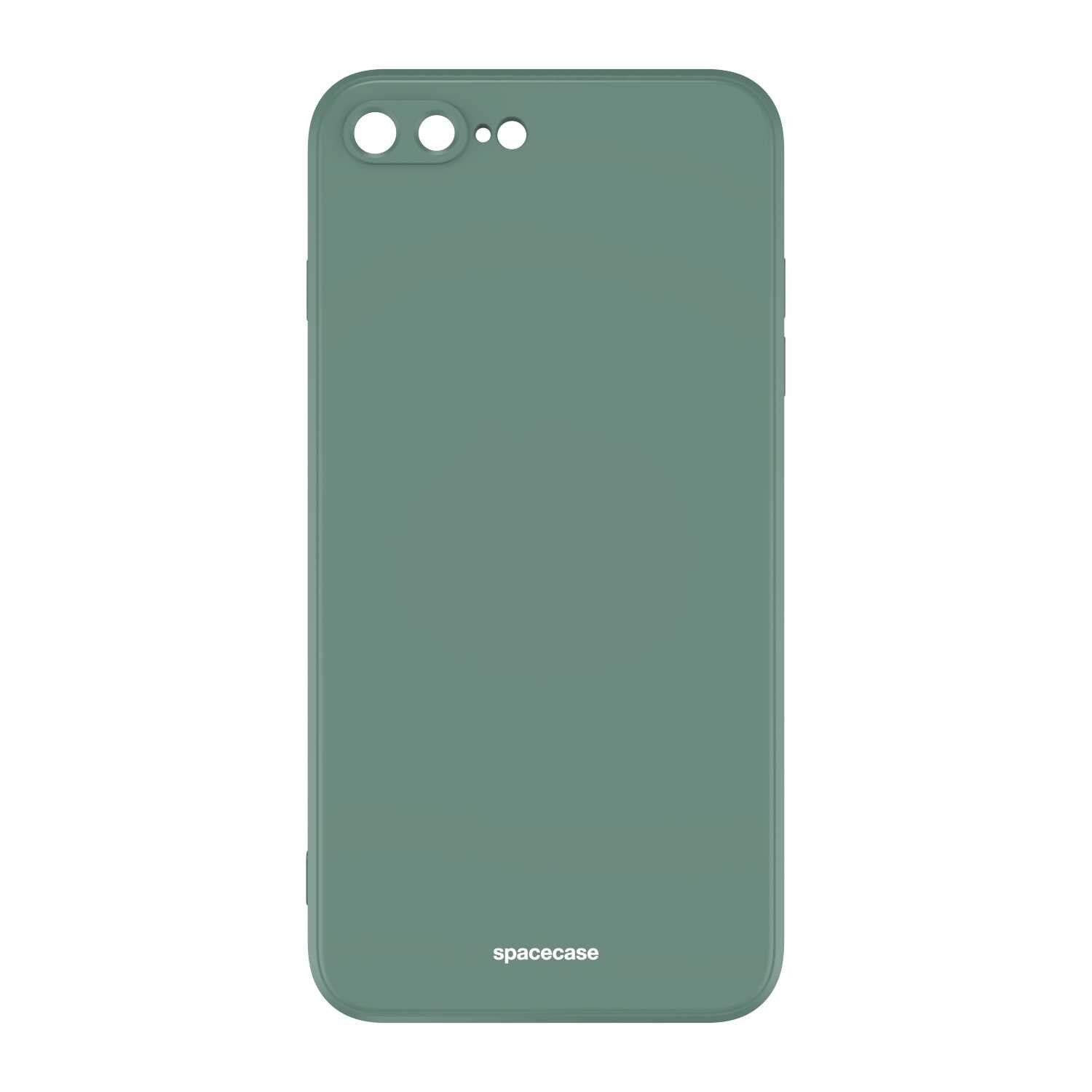 Zielone silikonowe etui z wycięciami na aparat i logo \'spacecase\' na dole.