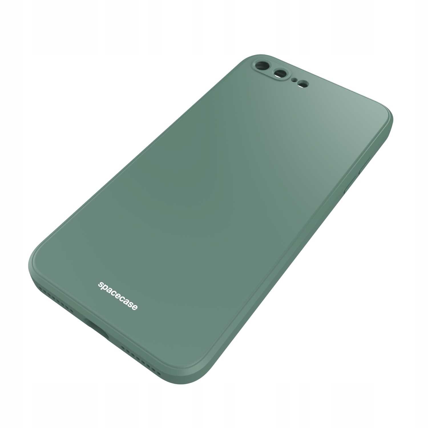 Zielone silikonowe etui na telefon z widocznym logo \'spacecase\' na dole. Etui ma otwory na aparat i inne elementy telefonu.