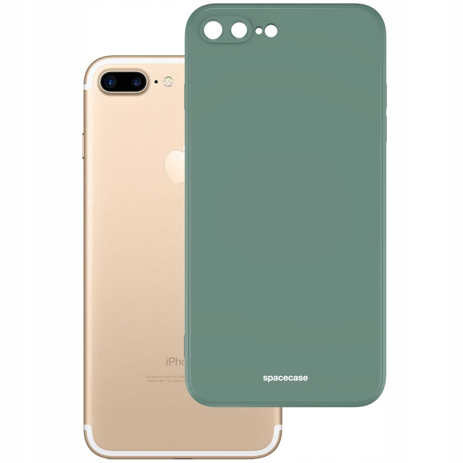 Na obrazie widoczne jest zielone silikonowe etui z wycięciami na aparat i logo \'spacecase\'. W tle znajduje się złoty telefon z widocznym logo producenta.