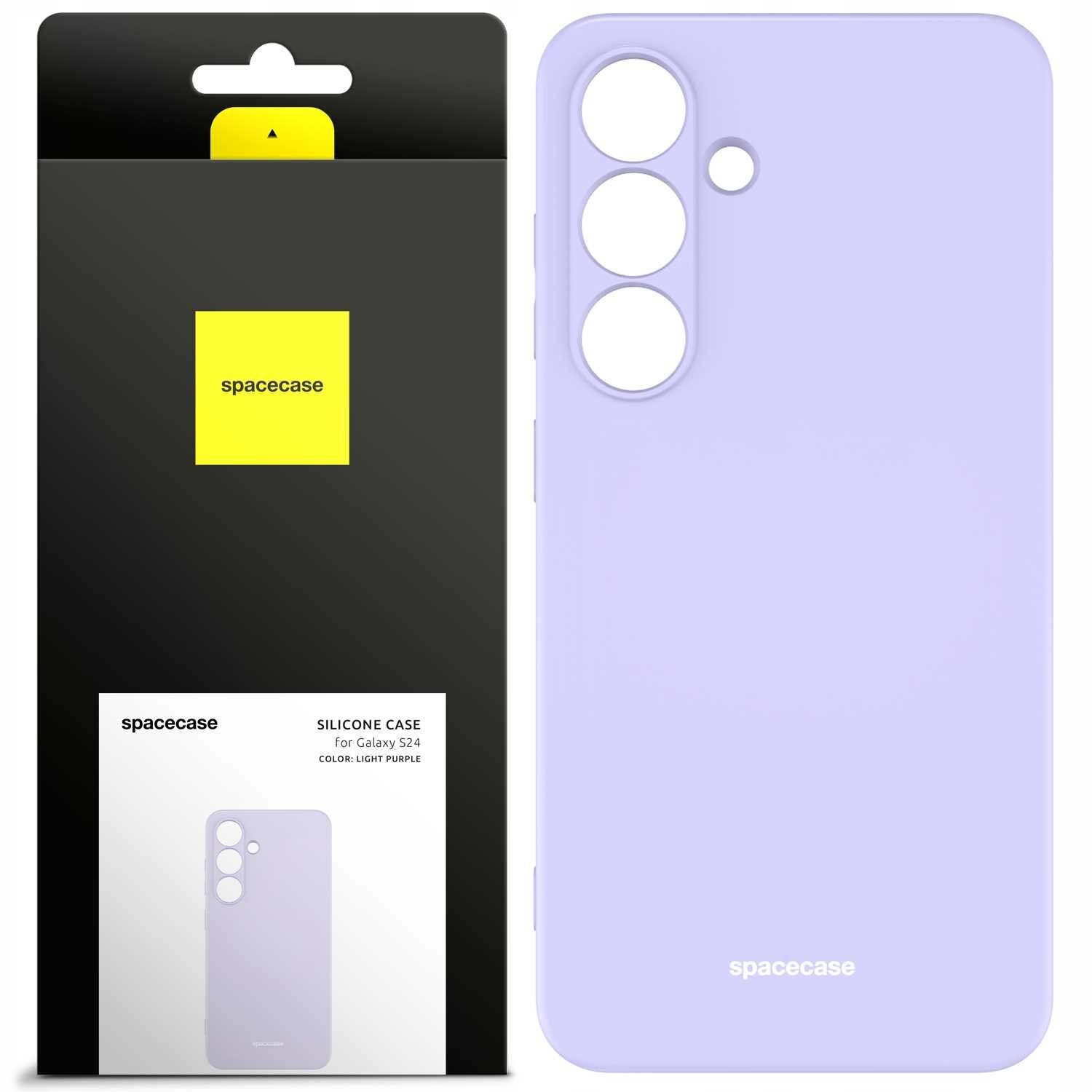 Obraz przedstawia silikonowe etui w jasnofioletowym kolorze z trzema otworami na aparaty i jednym mniejszym otworem. Opakowanie produktu zawiera logo \'spacecase\' oraz napis \'SILICONE CASE for Galaxy S24 COLOR: LIGHT PURPLE\'.