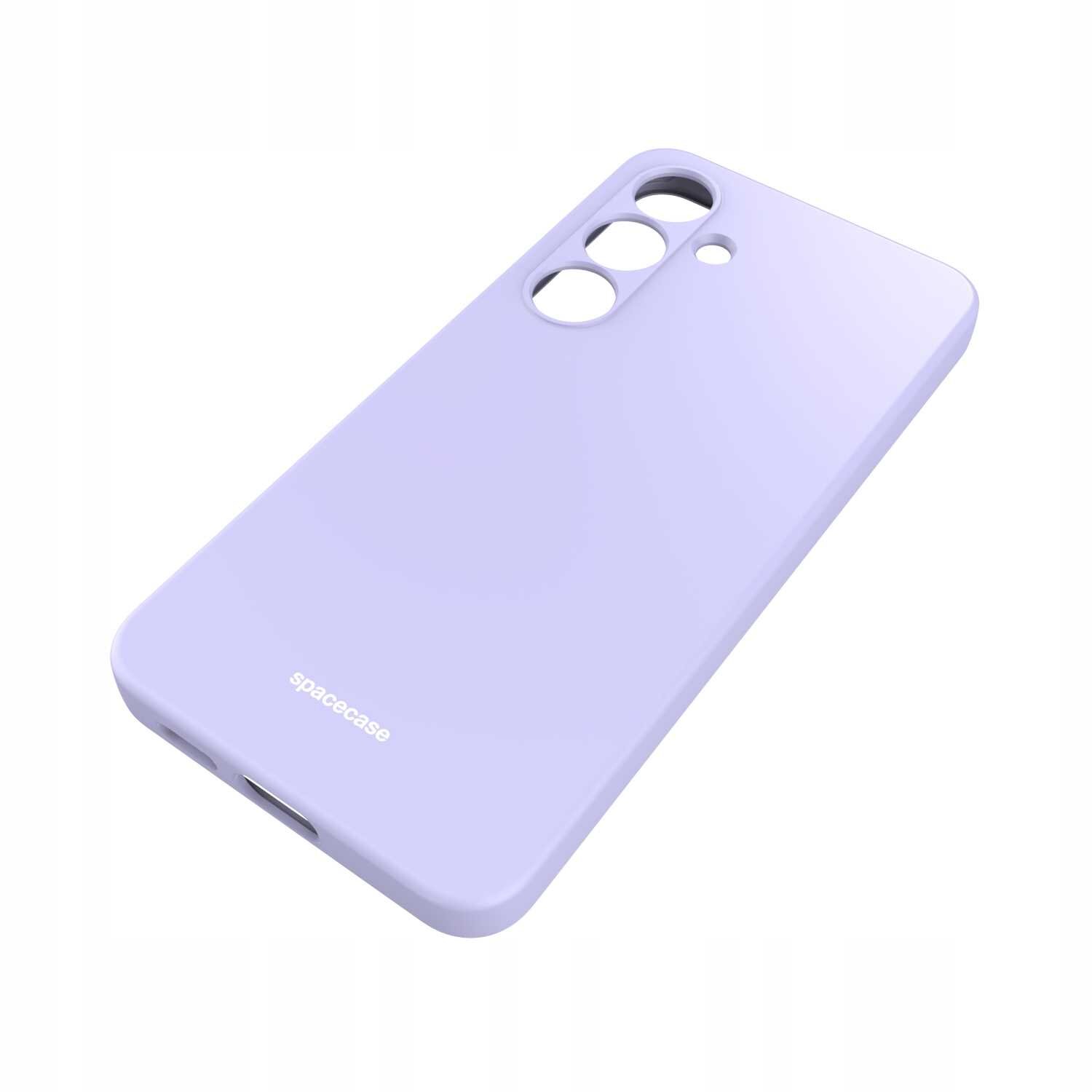 Niebieskie silikonowe etui z trzema otworami na aparat i napisem \'spacecase\' na dole. Etui ma gładką powierzchnię i zaokrąglone krawędzie.