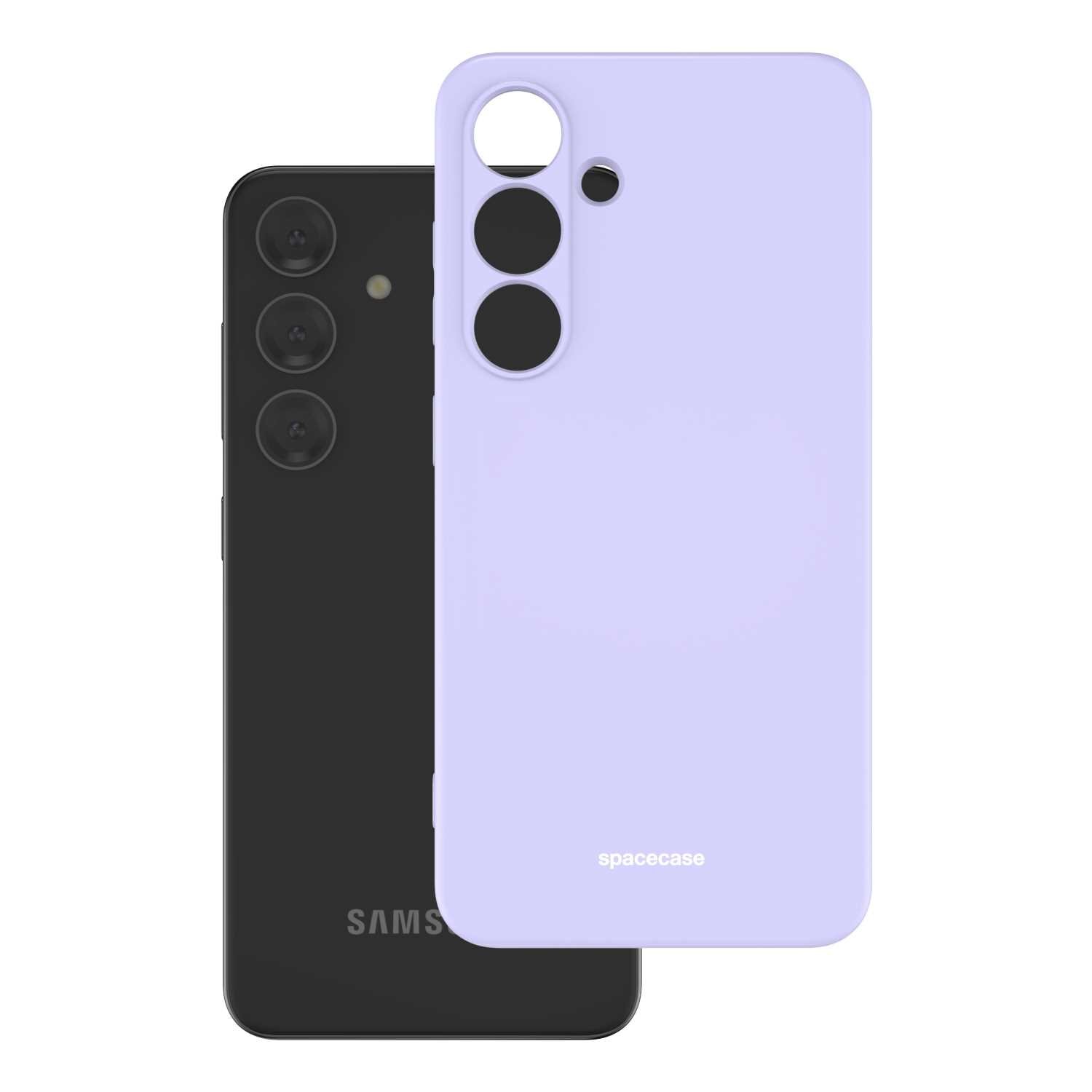Na obrazie widoczne jest silikonowe etui w kolorze niebieskim z napisem \'spacecase\', obok czarnego smartfona z trzema aparatami. Etui ma wycięcia na aparaty i inne elementy telefonu.